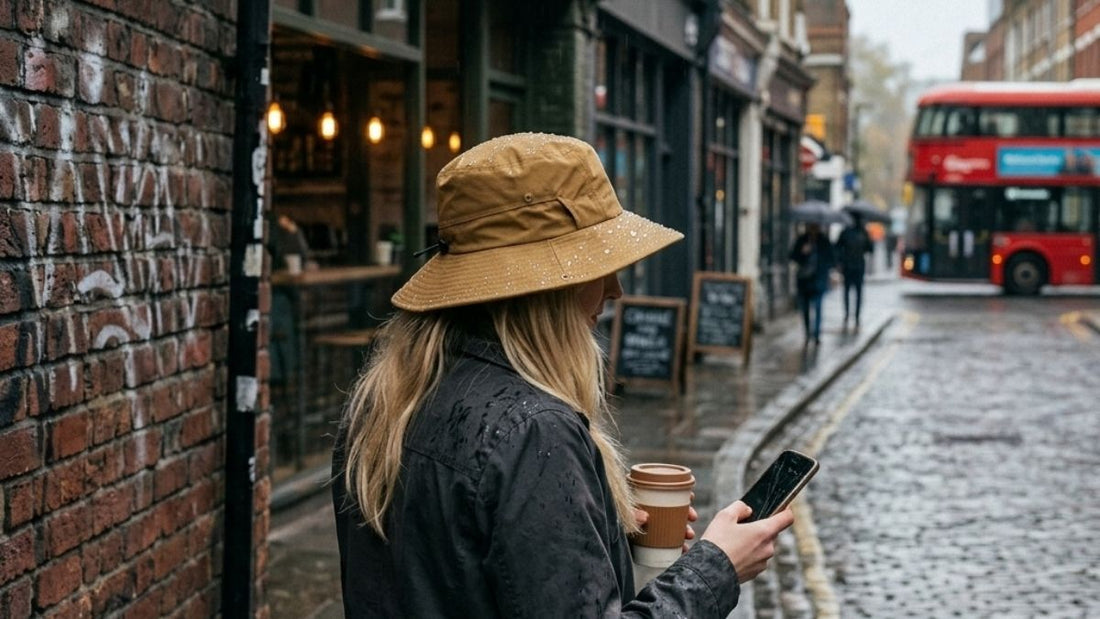 A stylish deep khaki waterproof bucket hat worn on a rainy UK street, featuring a wide brim and wind string for sun protection and drizzle.