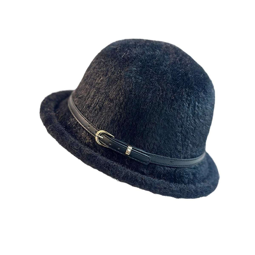 Black minimalist wool bucket hat with leather button detail, weather-resistant for UK weather