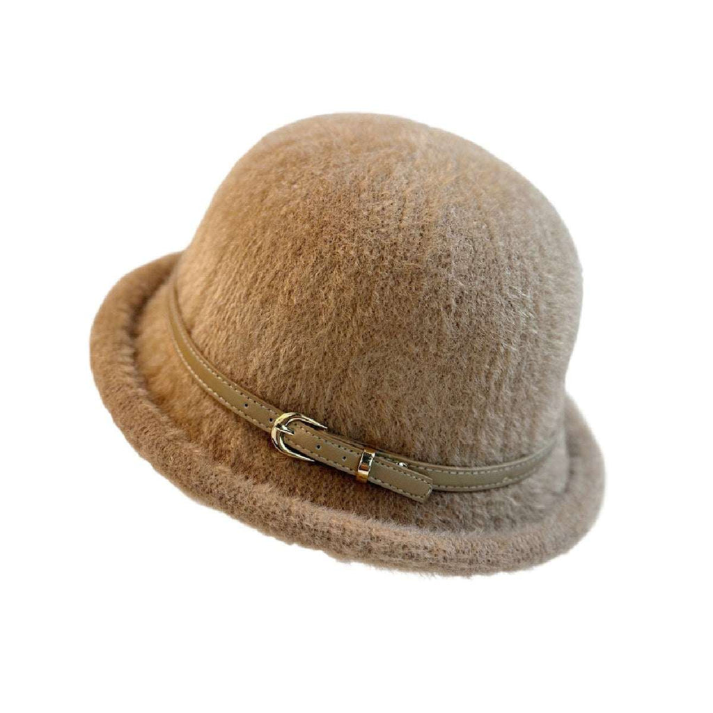 Light brown camel wool bucket hat with leather button detail, neutral British style