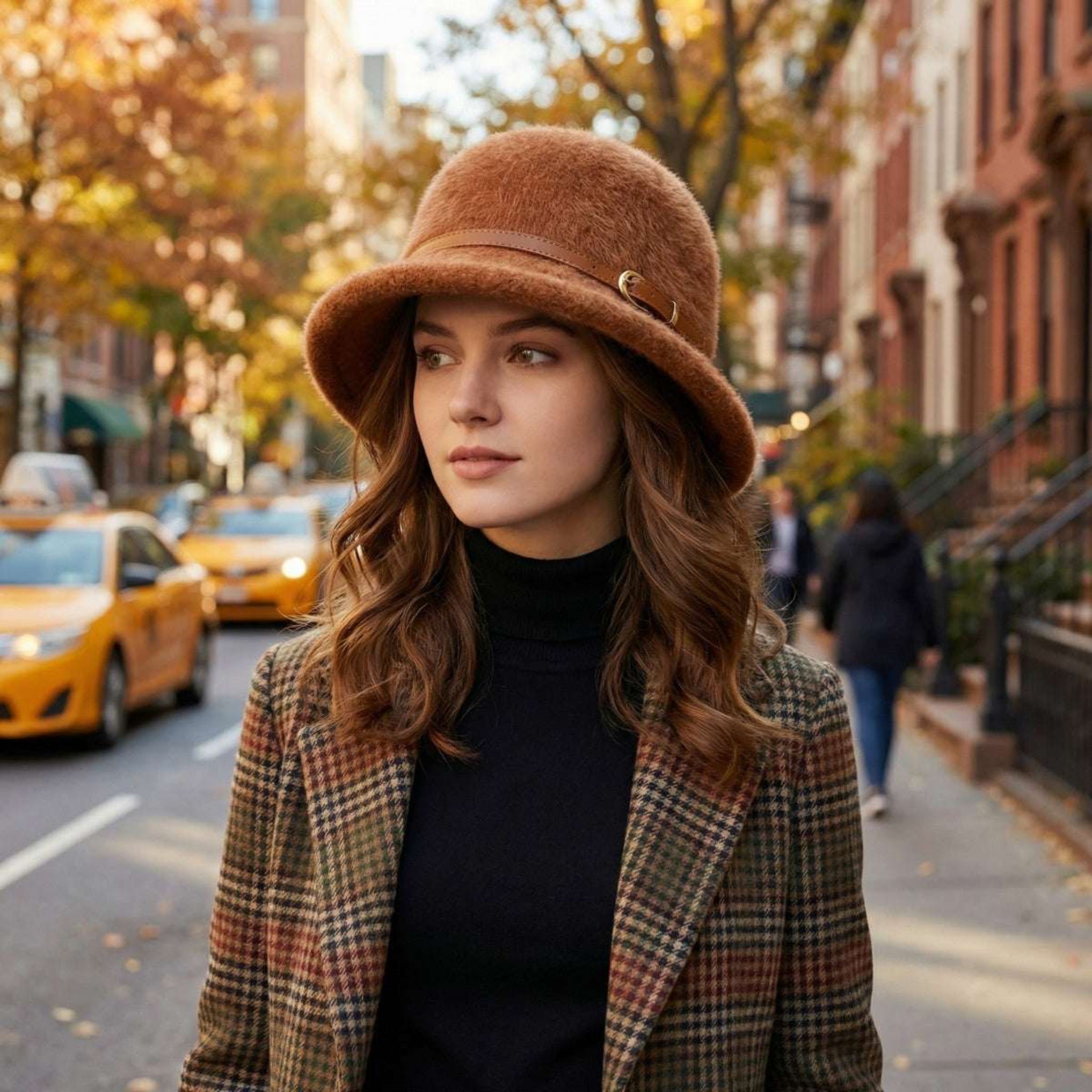 Tan wool bucket hat with leather button detail, worn by a woman in London, perfect for British weather and minimalist fashion