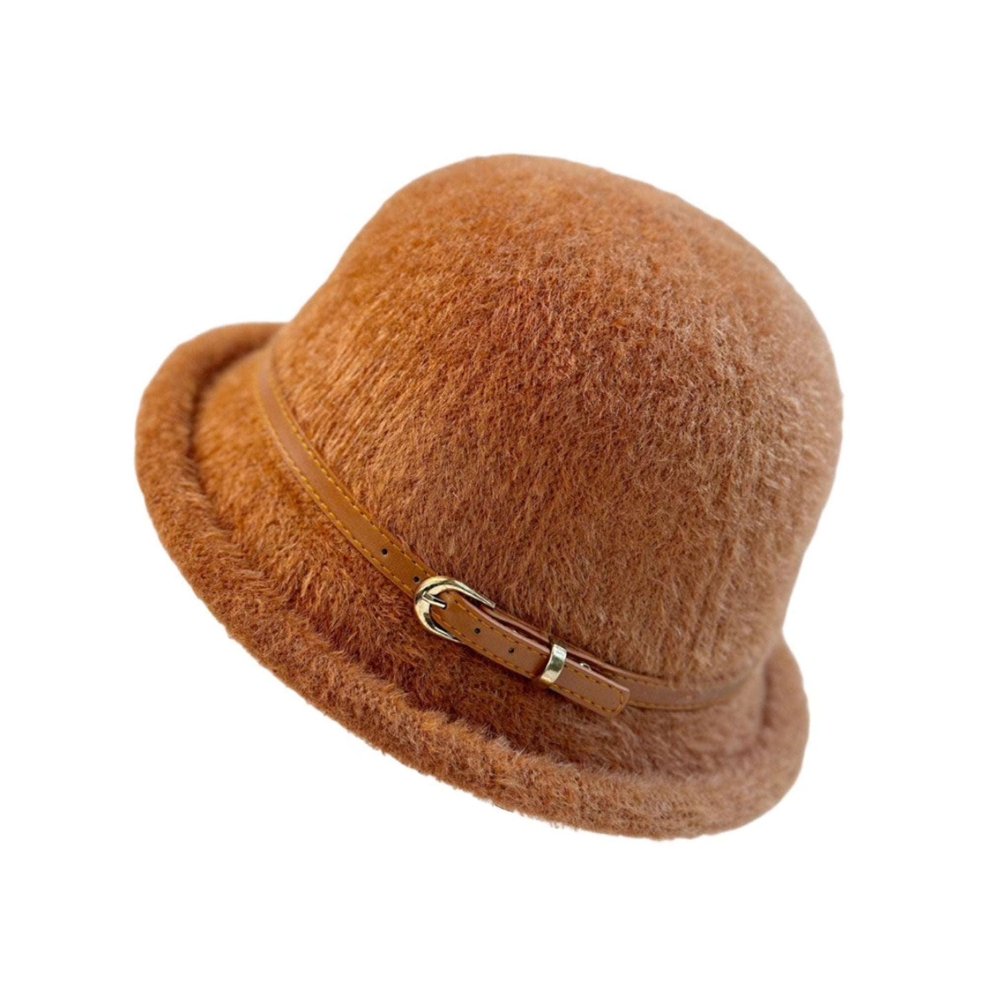 Minimalist tan wool bucket hat with leather button detail, weather-ready for British weekends