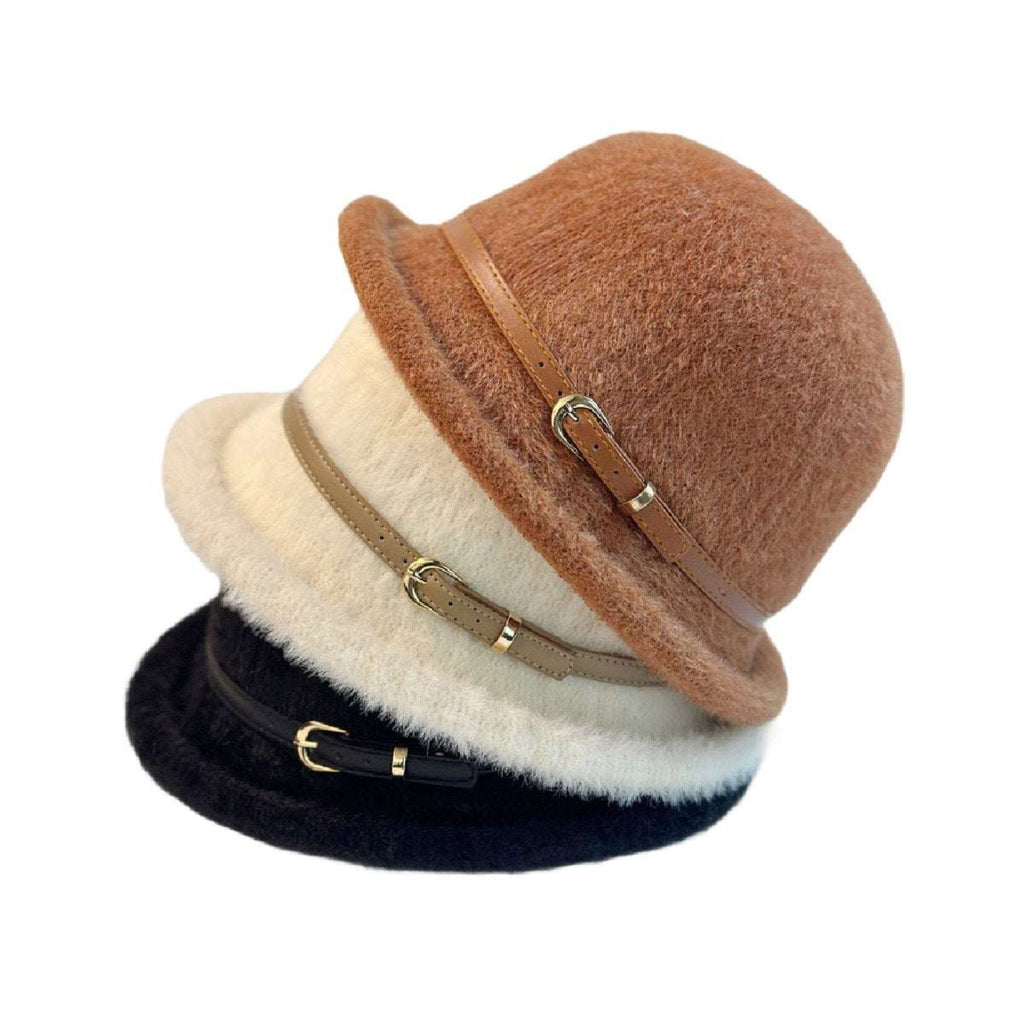 Neutral wool bucket hats in tan, cream and black stacked for display