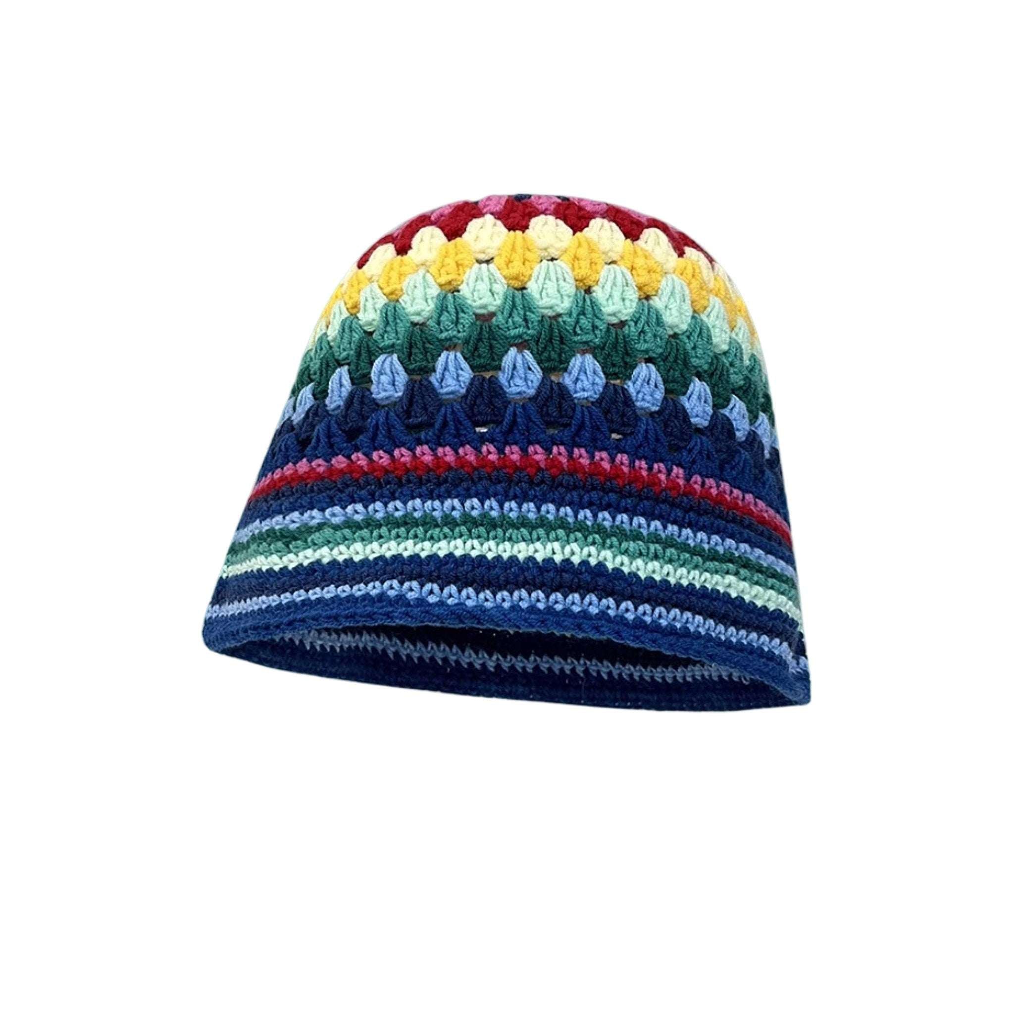 handmade rainbow striped knit bucket hat high crown fisherman style