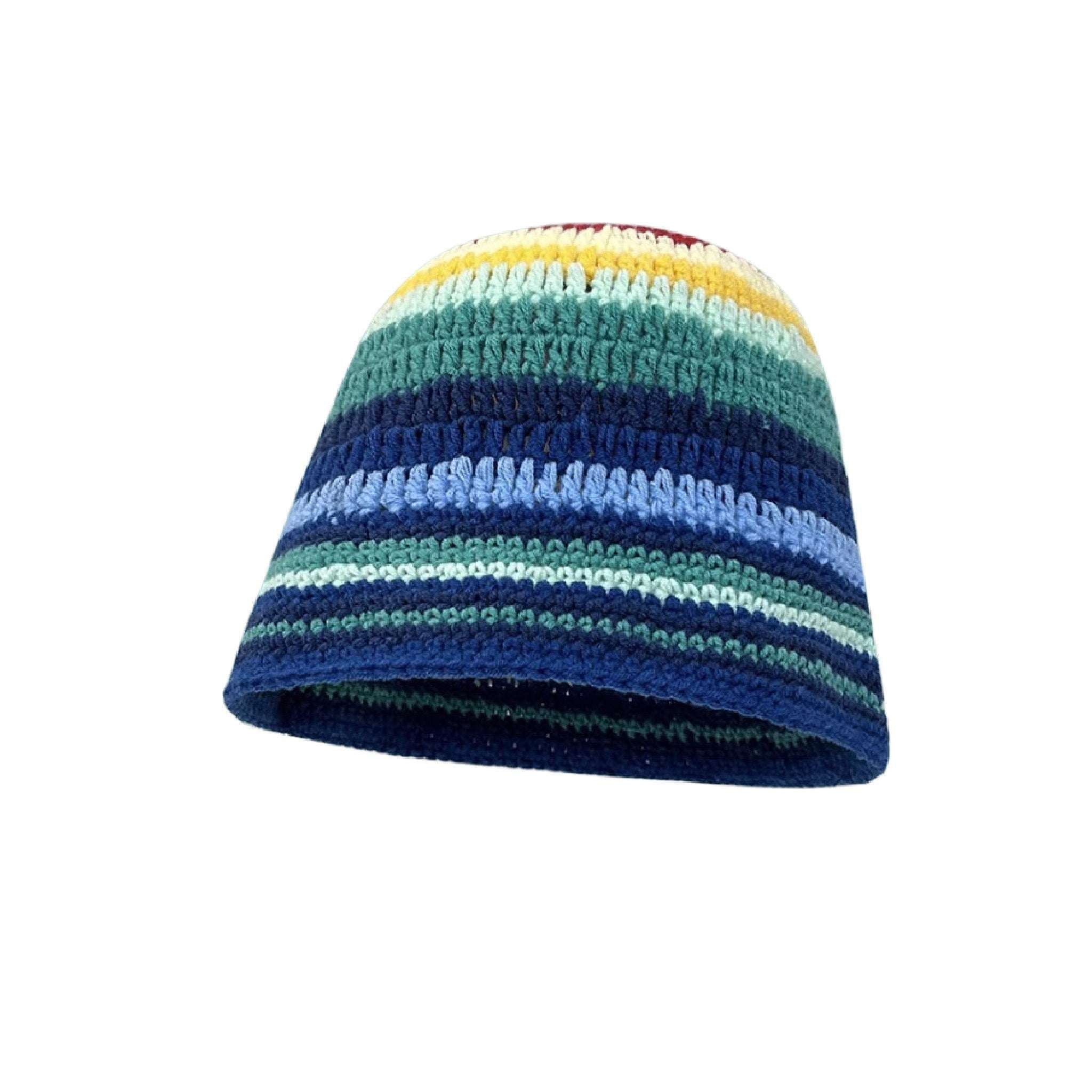 andmade color block knit bucket hat with striped pattern in blue and green