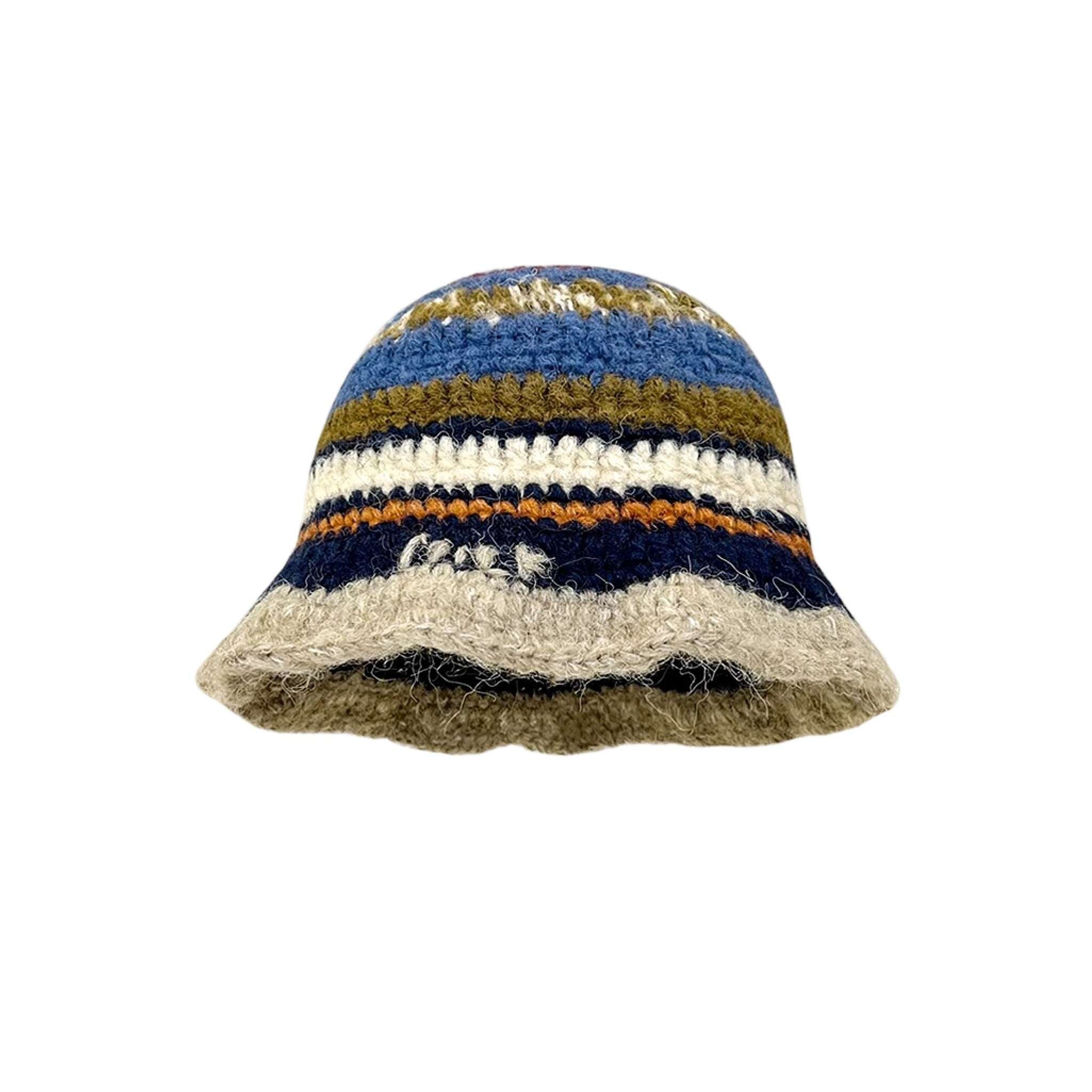 blue beige block knit bucket hat with fisherman silhouette for winter
