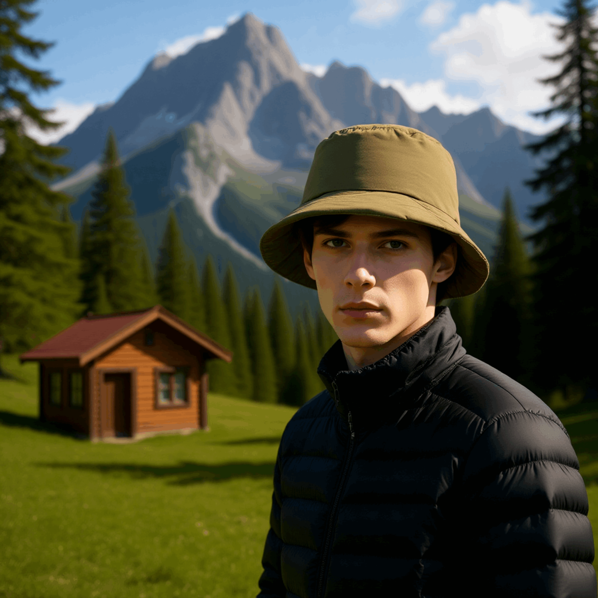 man wearing winter fisherman hat in outdoor setting