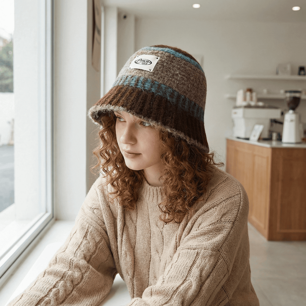 Vintage Hand-Knit Bucket Hat – Wide Brim, Warm & Cozy