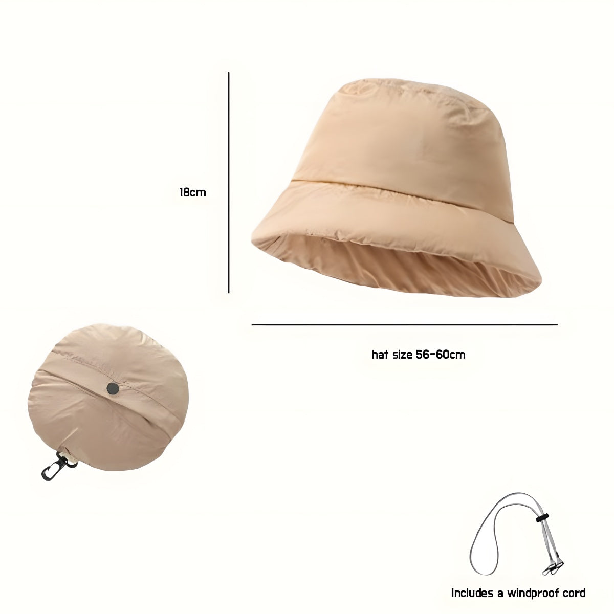 Beige foldable bucket hat with windproof cord, head size 56-60cm