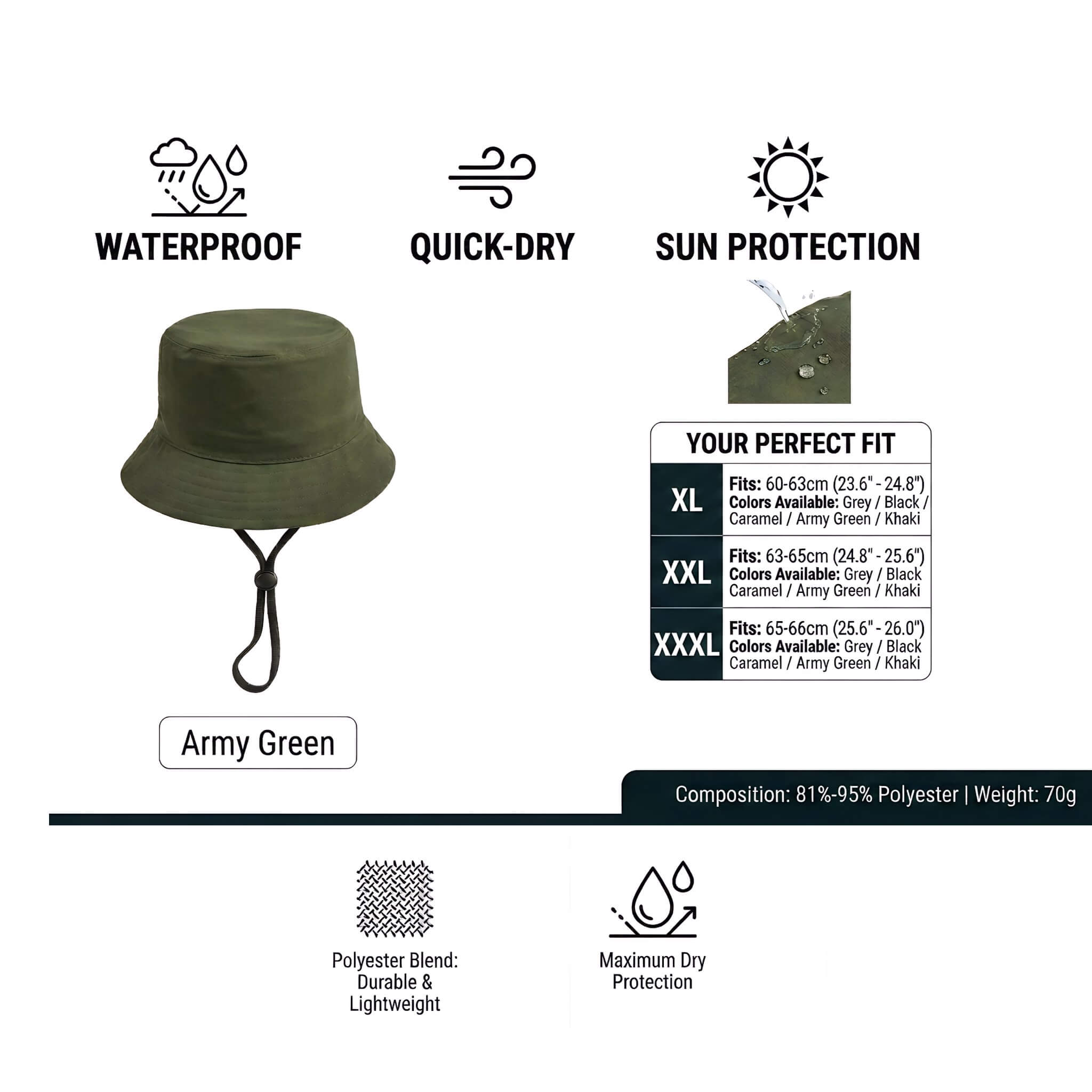 Meriple size guide for big head bucket hat - fits 60cm to 66cm head circumference