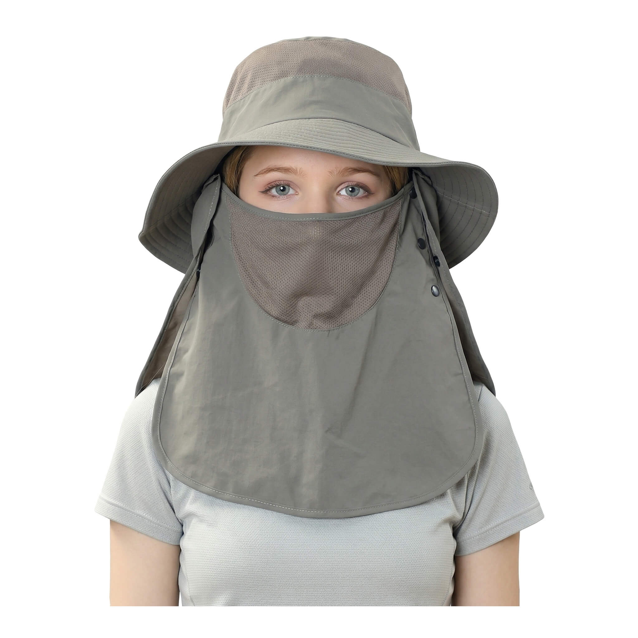 Meriple breathable fishing hat in Light Gray, highlighting the mesh panels on the face shield and its high-performance instant cooling nylon fabric for summer activities.