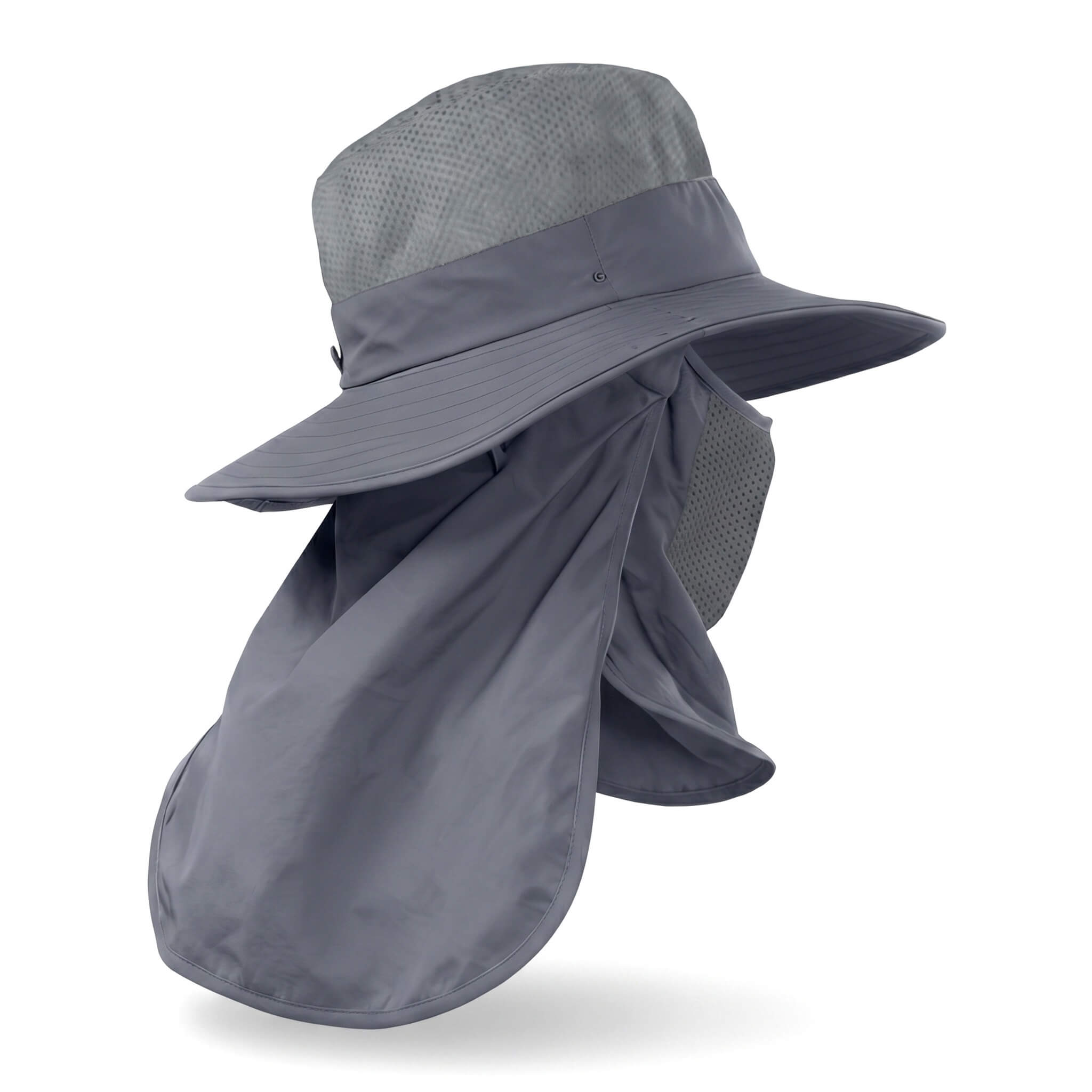 Side profile of Meriple waterproof bucket hat for big heads in Dark Gray, showcasing the extra wide brim and long neck flap designed to block direct sun rays.