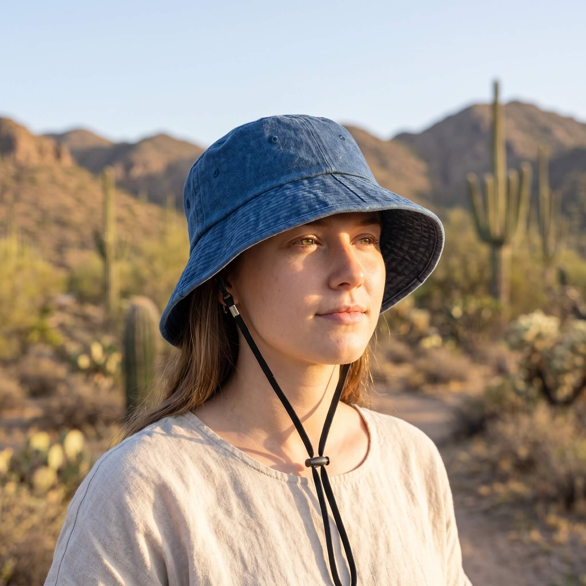 Woman wearing a Meriple navy blue fisherman hat with a detachable windproof string in the desert.