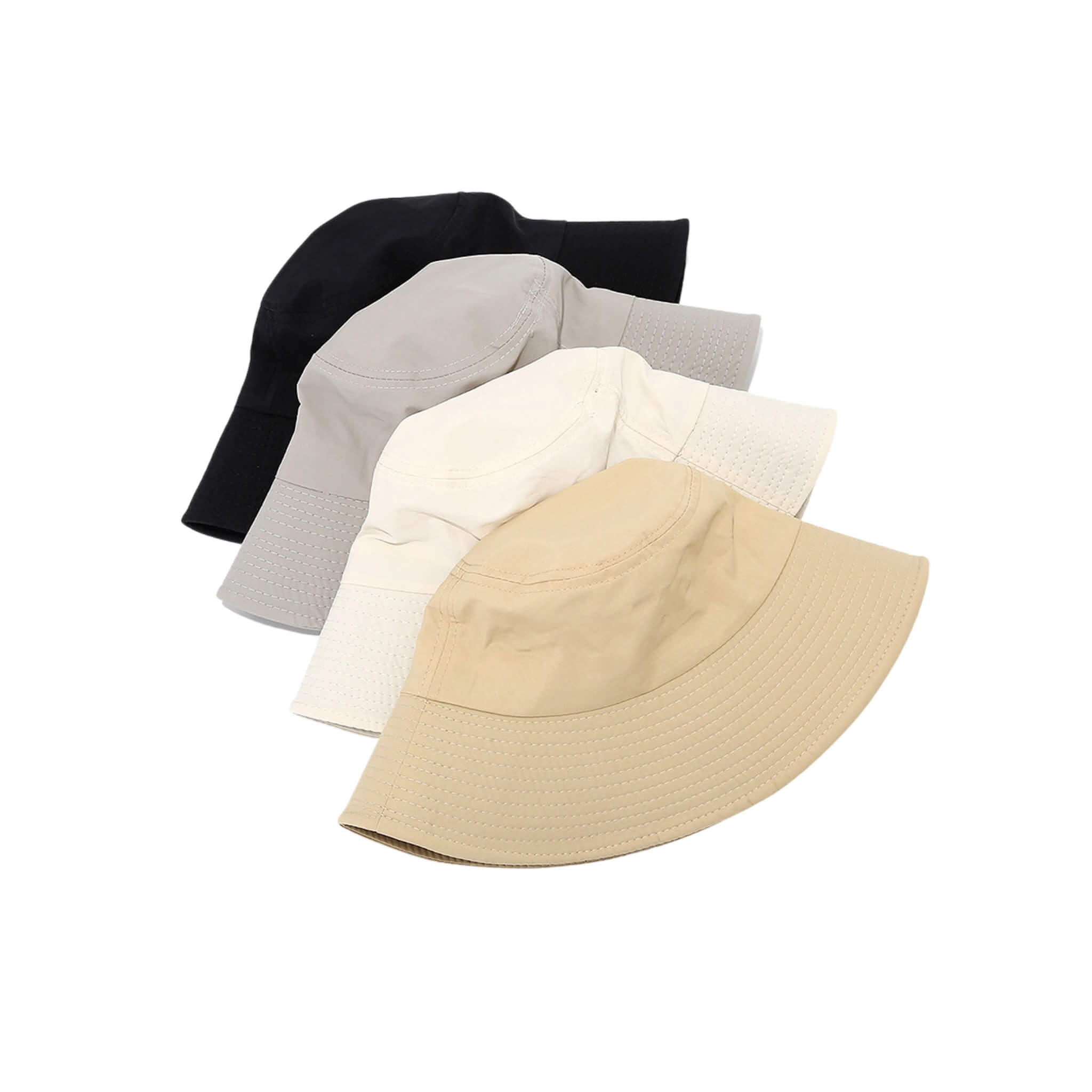 Meriple sun bucket hats in four colors (white, black, gray, khaki), folded and stacked to showcase wrinkle-resistant and foldable design.