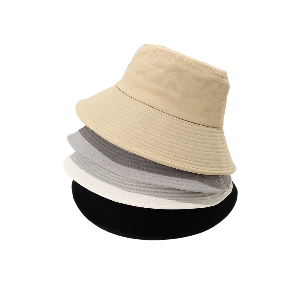 Stack of four Meriple sun bucket hats in khaki, gray, whiteand,black,demonstrating versatility and wide brim for full sun protection.