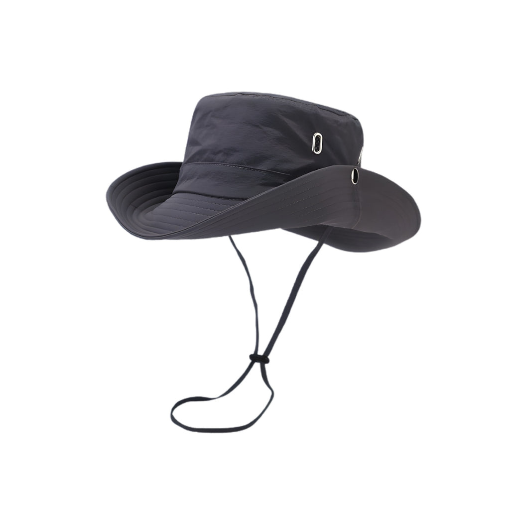 MERIPLE gray wide brim quick-dry sun bucket hat with chin strap, ideal for windy UK coastal days
