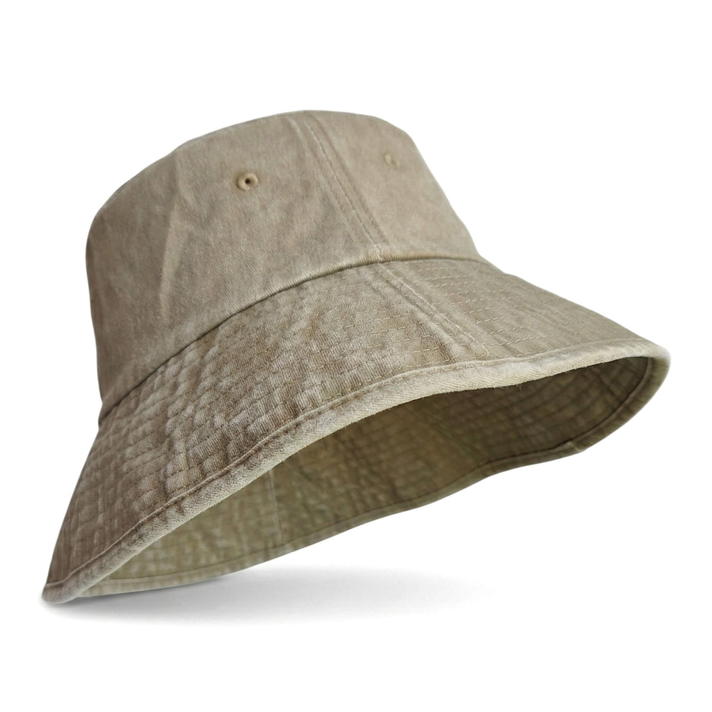 Side view of Meriple khaki XL bucket hat (61-63cm) made of premium washed cotton for golf.