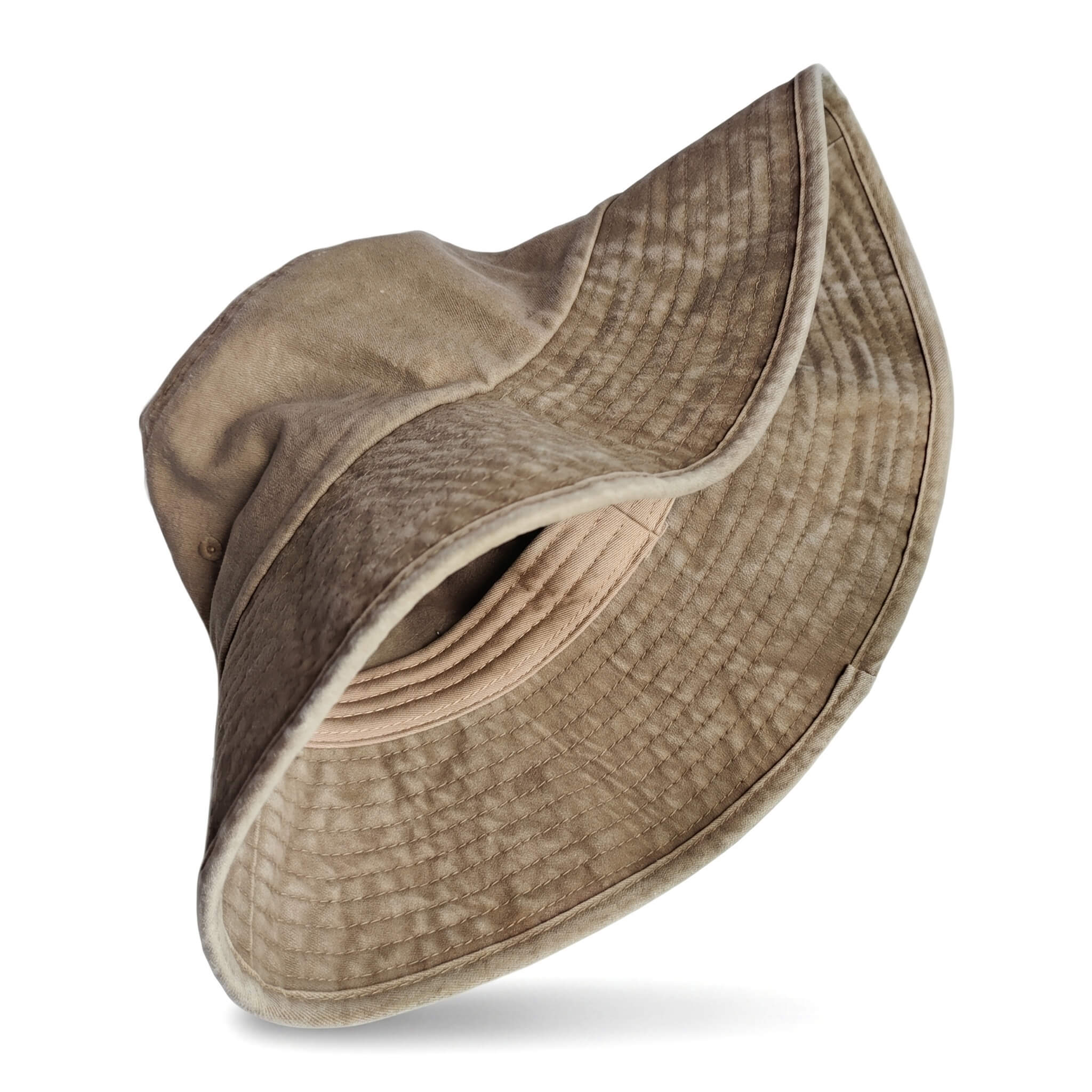 Close-up of the washed cotton texture on a Meriple khaki bucket hat for big heads.