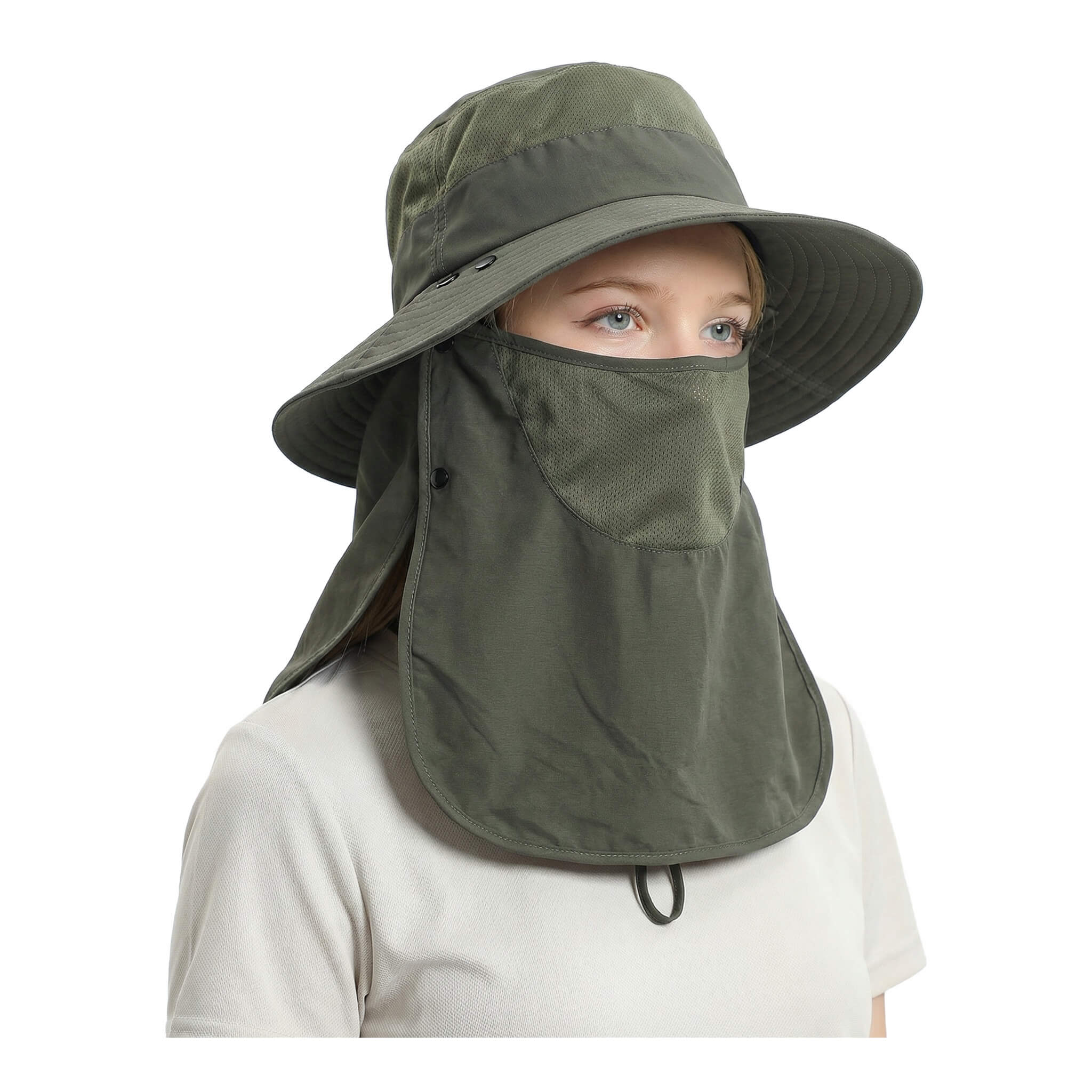 Meriple mens bucket hat with string in Olive Green, showing the rugged all-terrain design and detachable face mask ideal for military-style outdoor use and fishing.