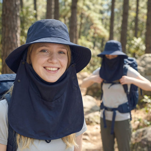 A woman hiking with Meriple sun bucket hat in Navy Blue, demonstrating the full coverage of the detachable face mask and neck flap in a sunny outdoor environment.