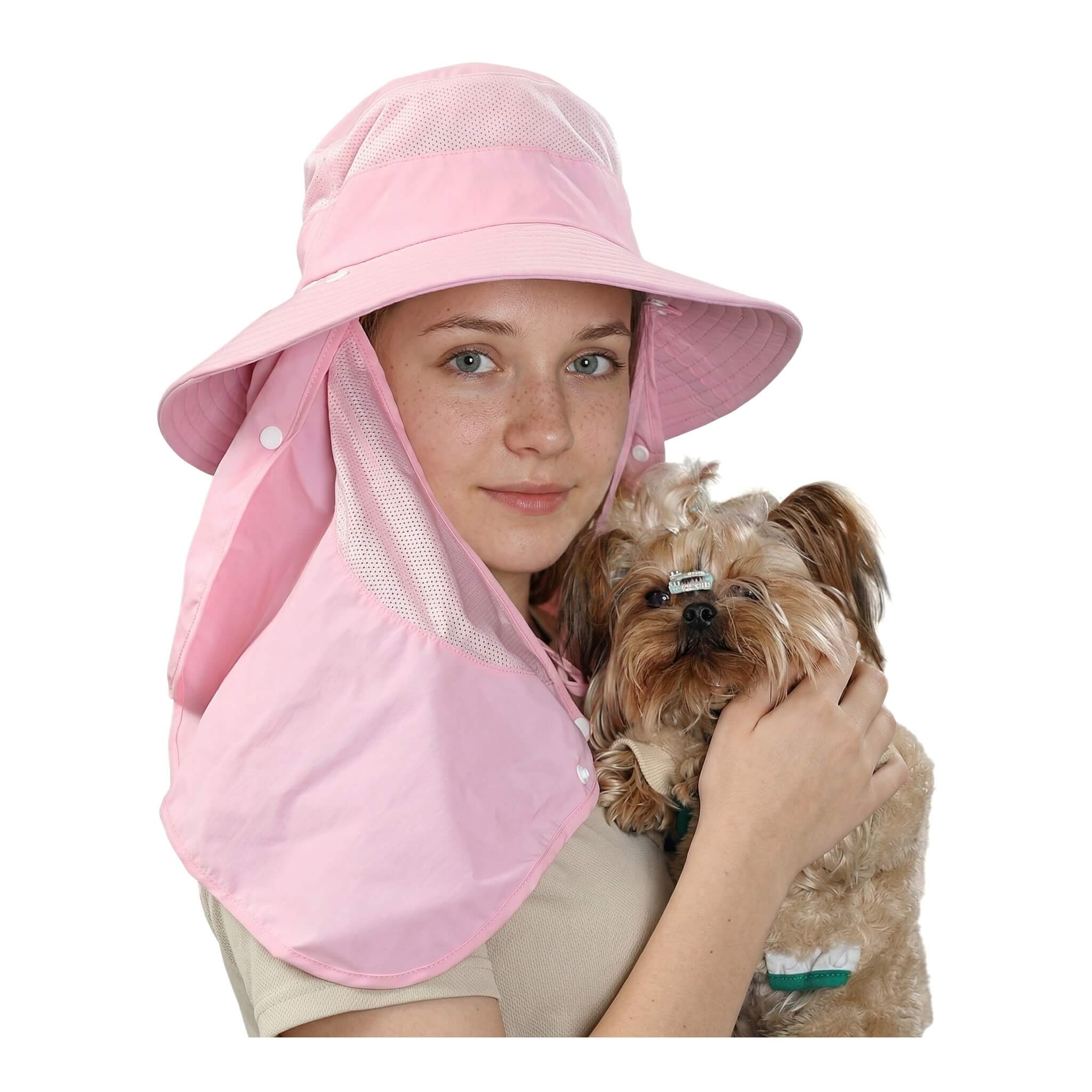 Meriple upf 50 bucket hat for women in Pink, perfect for daily activities like walking dogs while providing maximum UV protection with a removable neck flap.