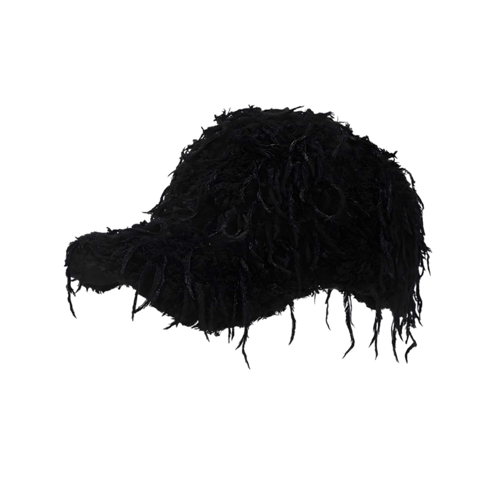 Black plush feather tassel baseball cap, a cozy winter hat for women
