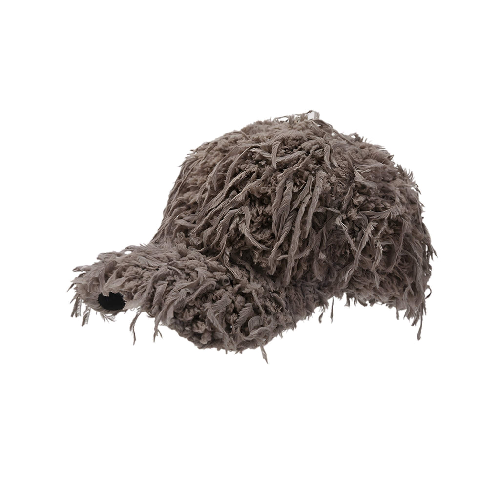 Brown plush feather tassel baseball cap, a fuzzy winter hat for women