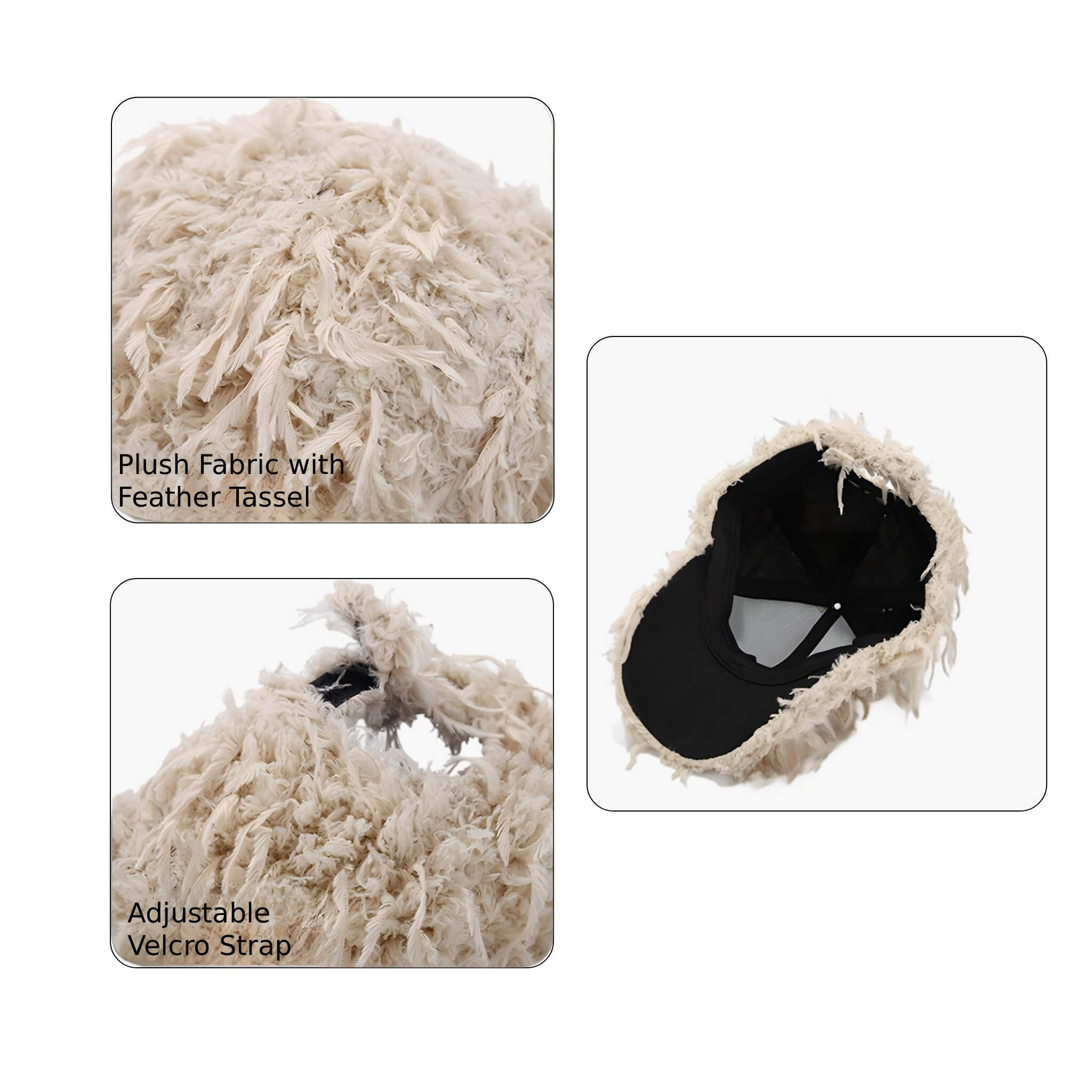 Close-up of Meriple plush feather tassel baseball cap details: soft fuzzy fabric texture, adjustable Velcro strap, and inner lining for comfort