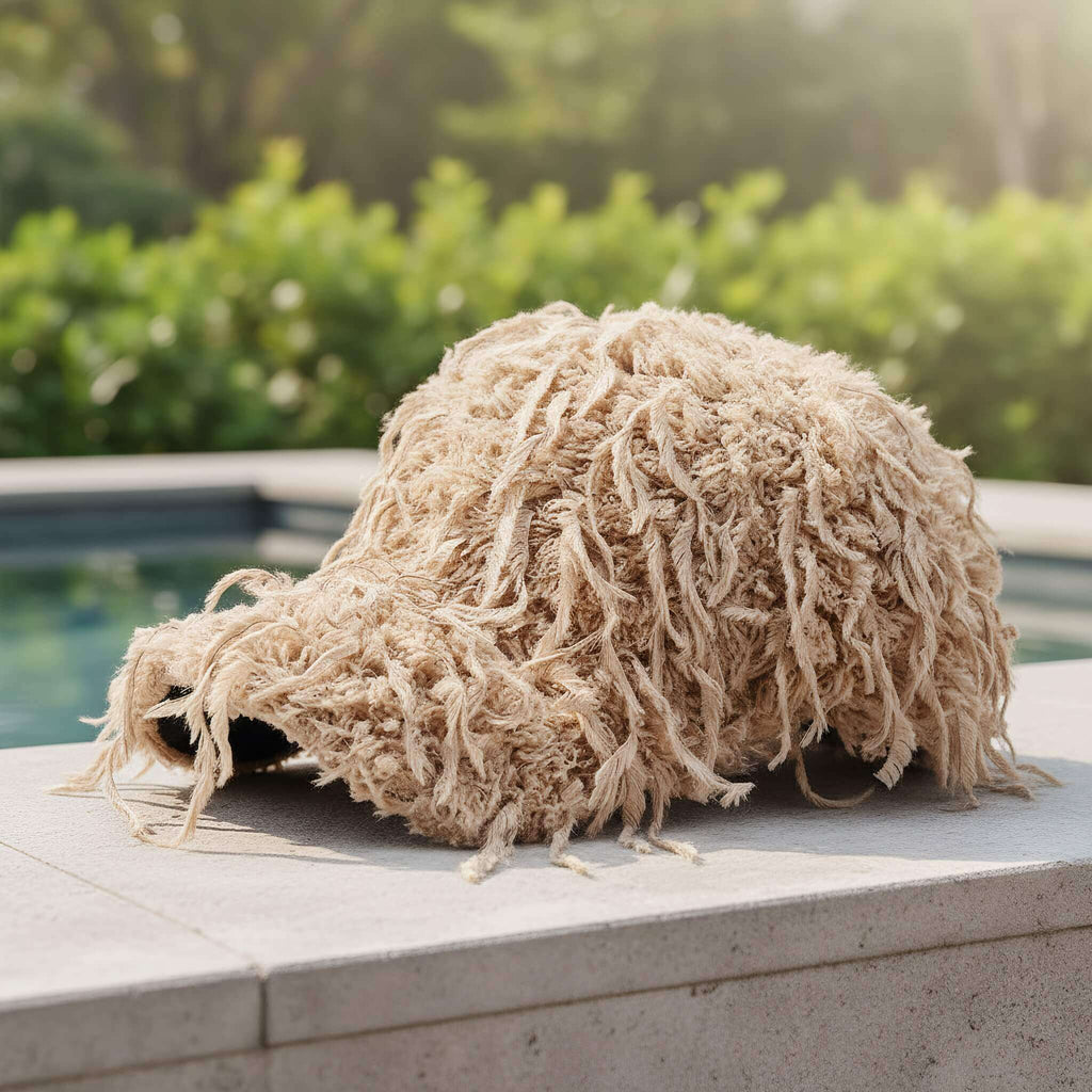Beige shaggy  cap by Meriple, outdoor lifestyle scene.All season warm and stylish headwear suitable for year-round wear in the UK market.