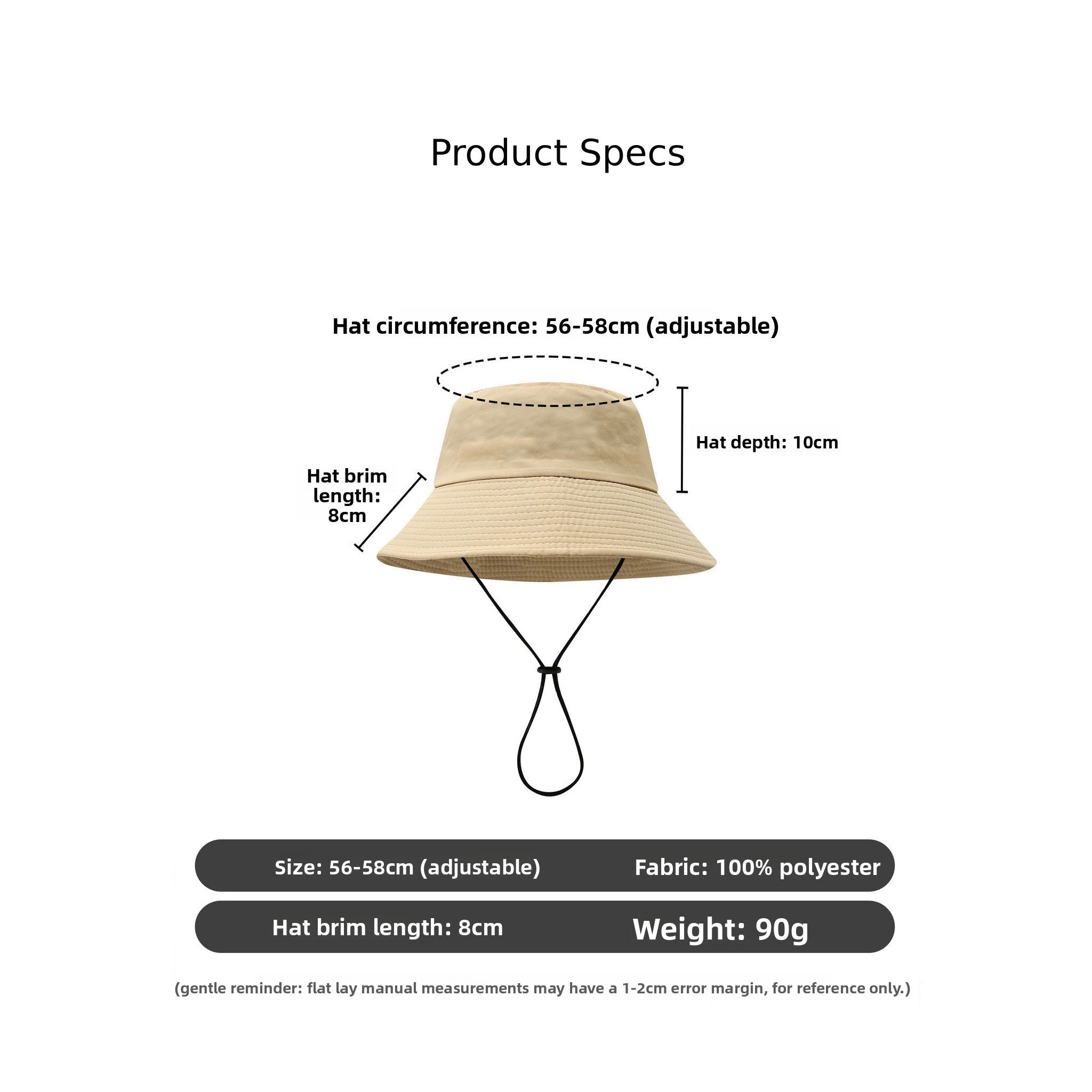 Lightweight 90g polyester bucket hat specs: 56-58cm adjustable circumference, 8cm wide brim for sun protection - ideal khaki sun hat for outdoor activities