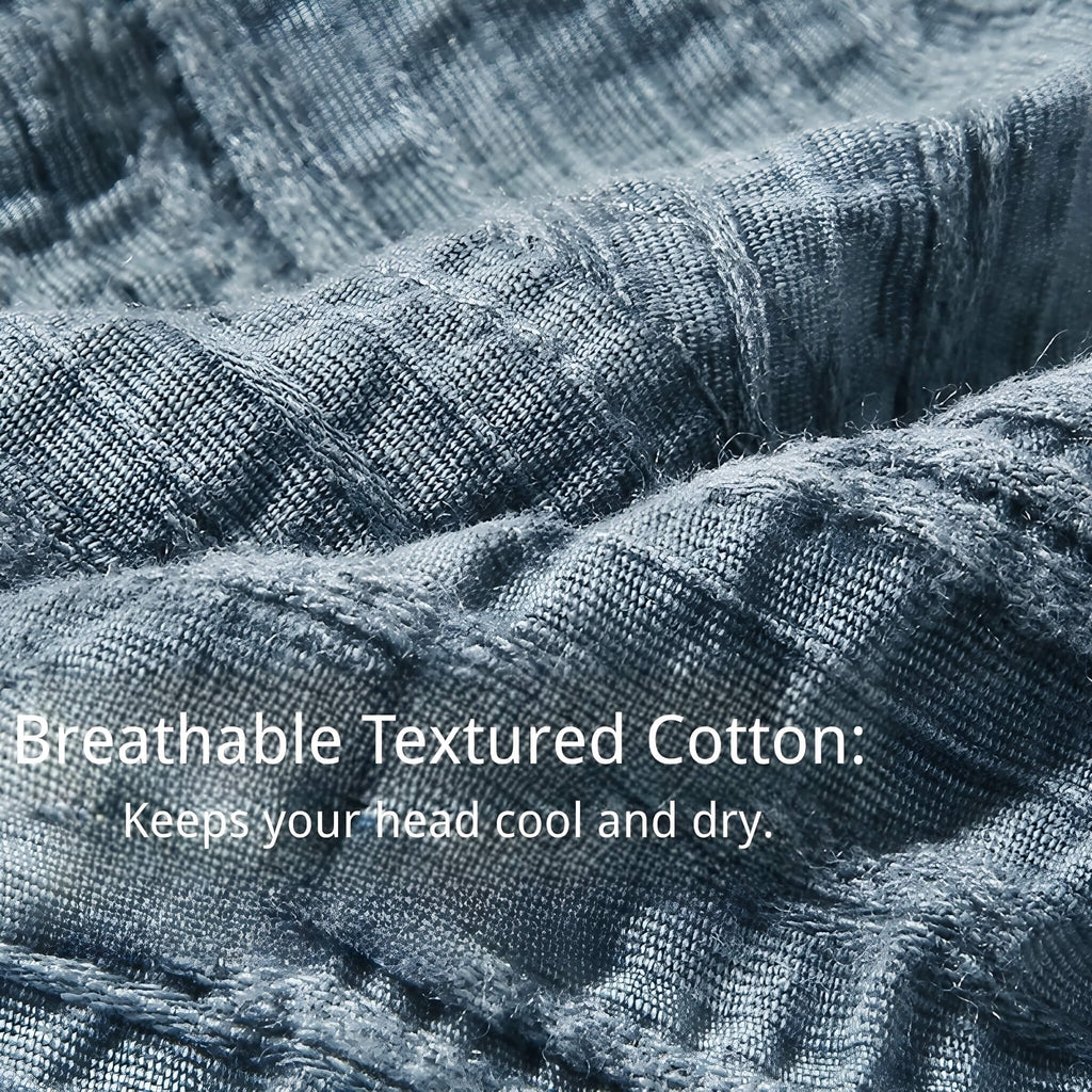 Close-up of Meriple textured cotton fabric, showcasing the breathable and airy material that prevents stuffiness.