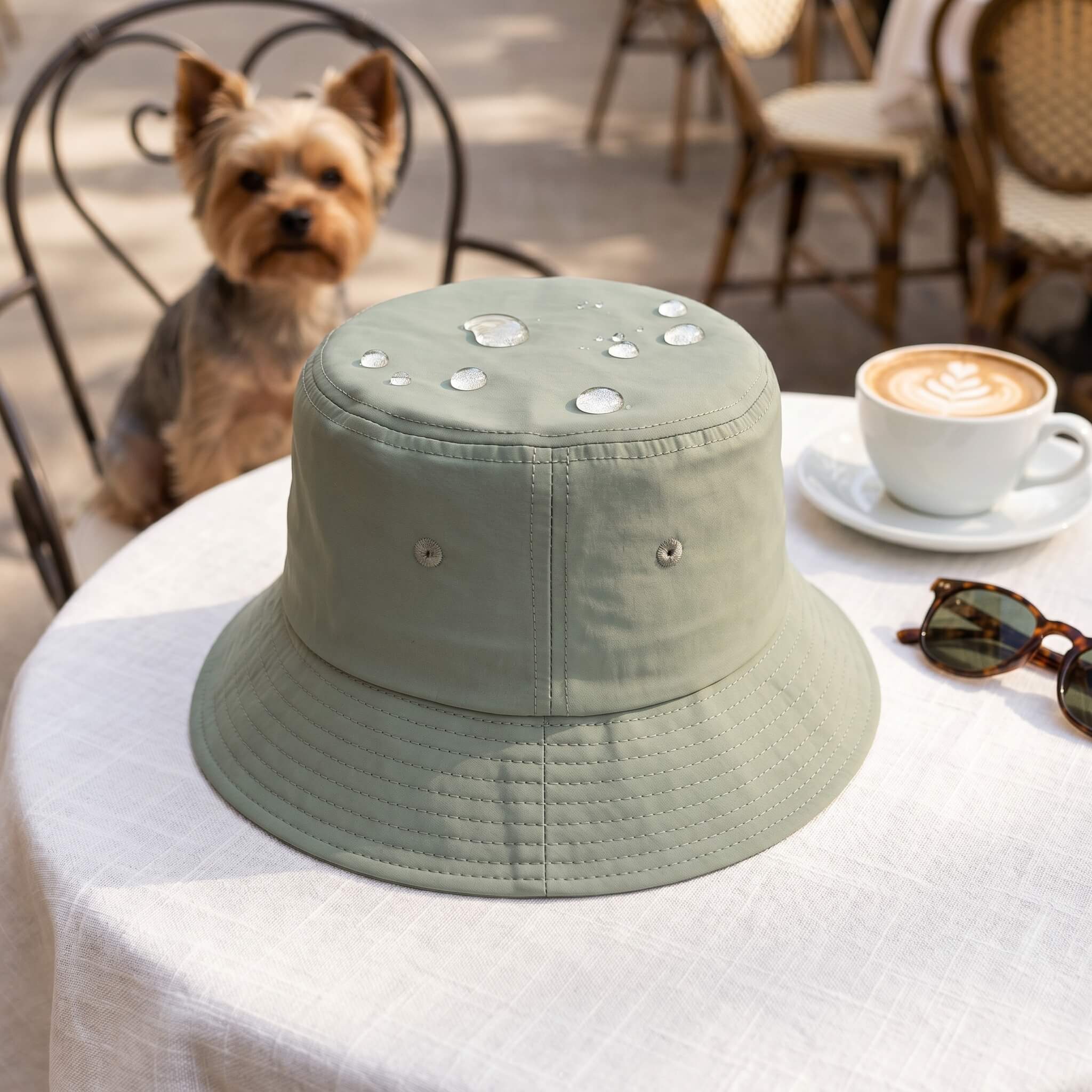 Meriple waterproof bucket hat water bead test - water rolls off fabric keeping hat dry
