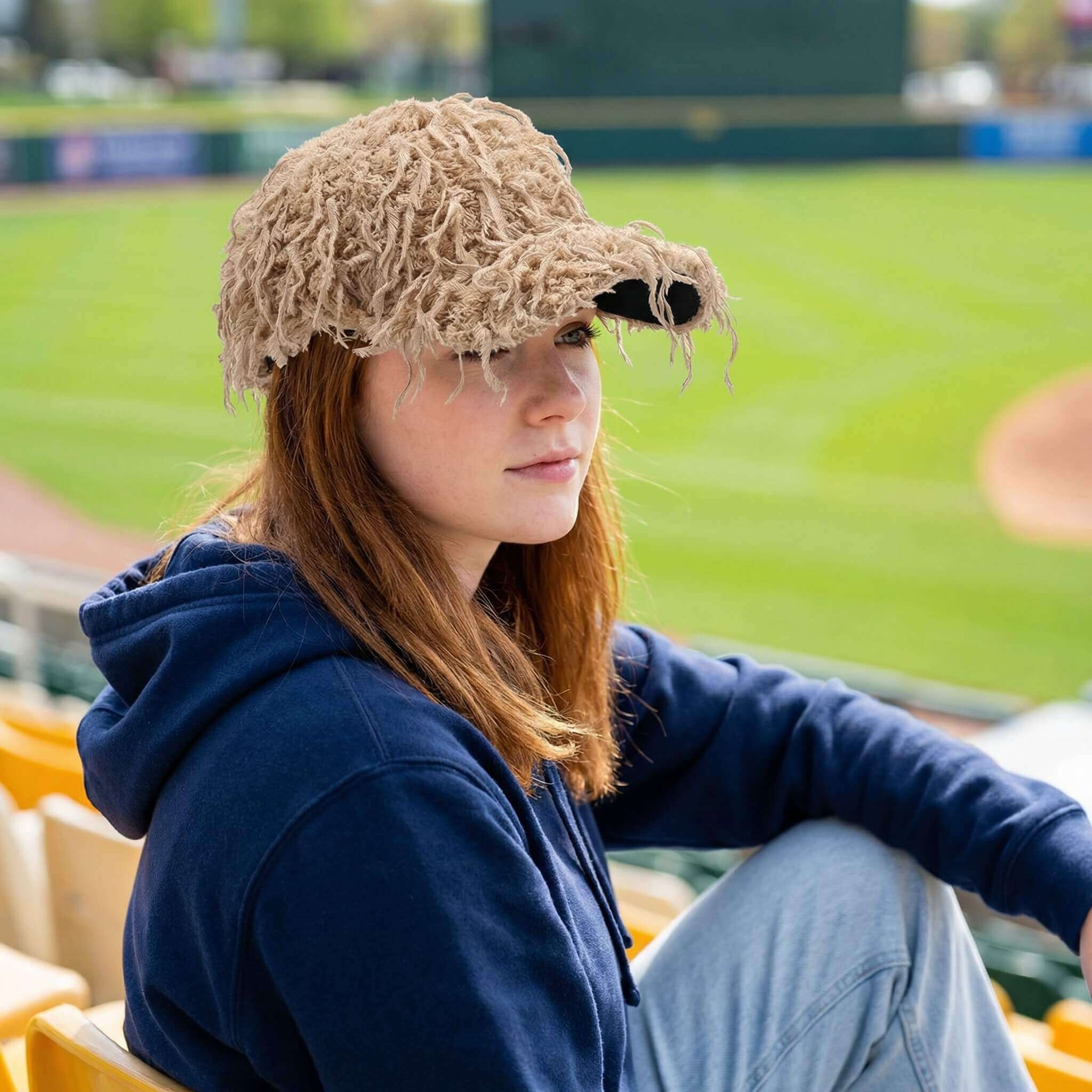 Woman wearing a beige plush tassel baseball cap for a casual winter outfit