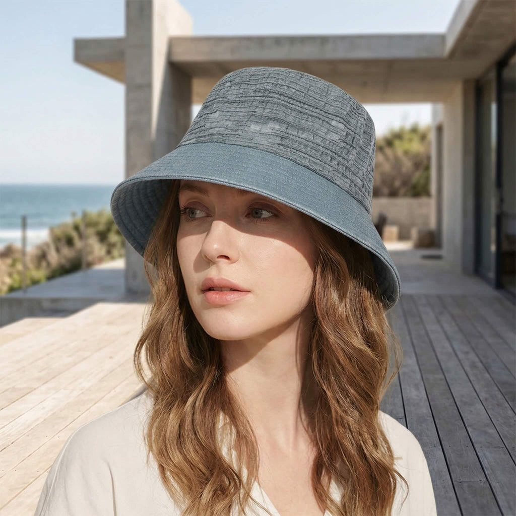 Meriple Women's Cotton Bucket Hat in dark grey, designed for sun protection and a flattering face-slimming look.
