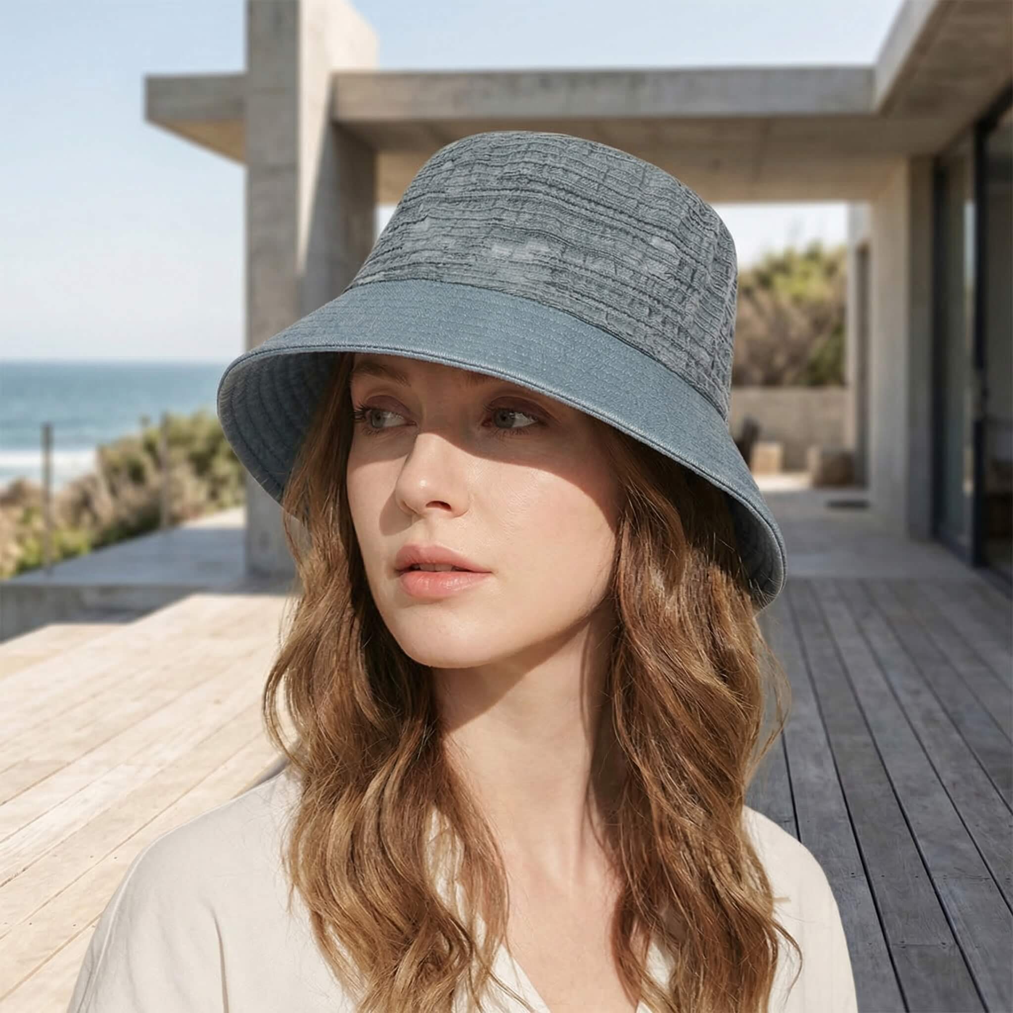 Meriple Women's Cotton Bucket Hat in dark grey, designed for sun protection and a flattering face-slimming look.
