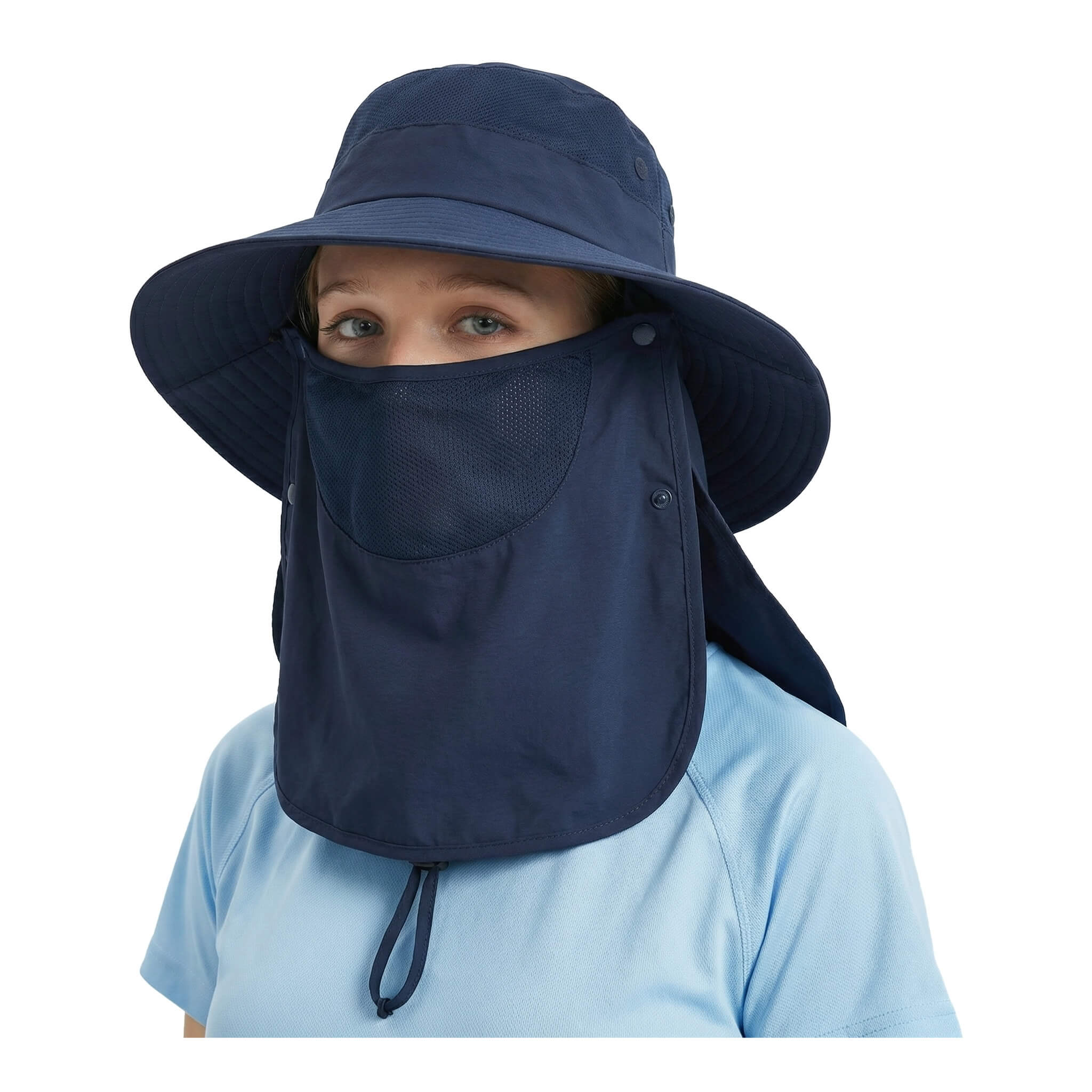 Front view of Meriple uv protection sun hat for women in Navy Blue, providing 360-degree coverage as a functional bucket hat for big heads during travel or gardening.