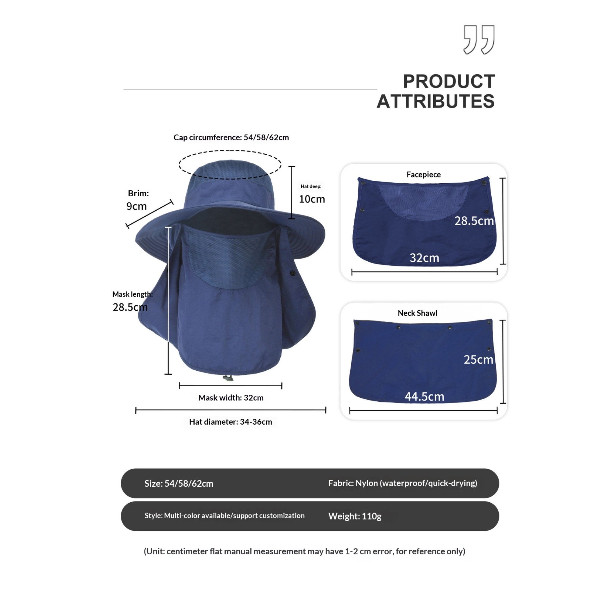 Meriple xl bucket hat size guide showing dimensions for big heads up to 62cm, featuring a professional design with a wide brim, detachable face mask, and neck flap for ultimate sun protection.