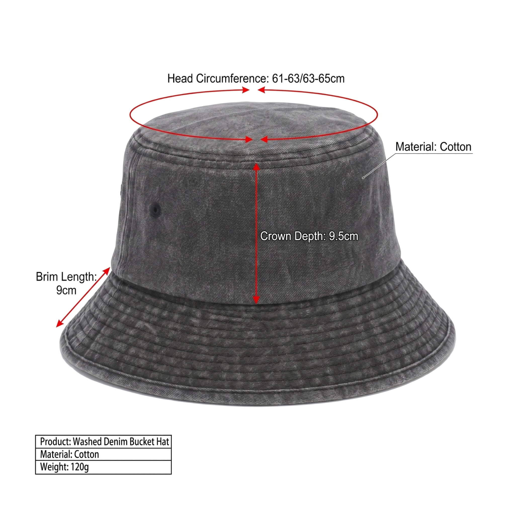 Detailed size guide for Meriple XL and XXL bucket hats fitting big heads from 61cm to 65cm.