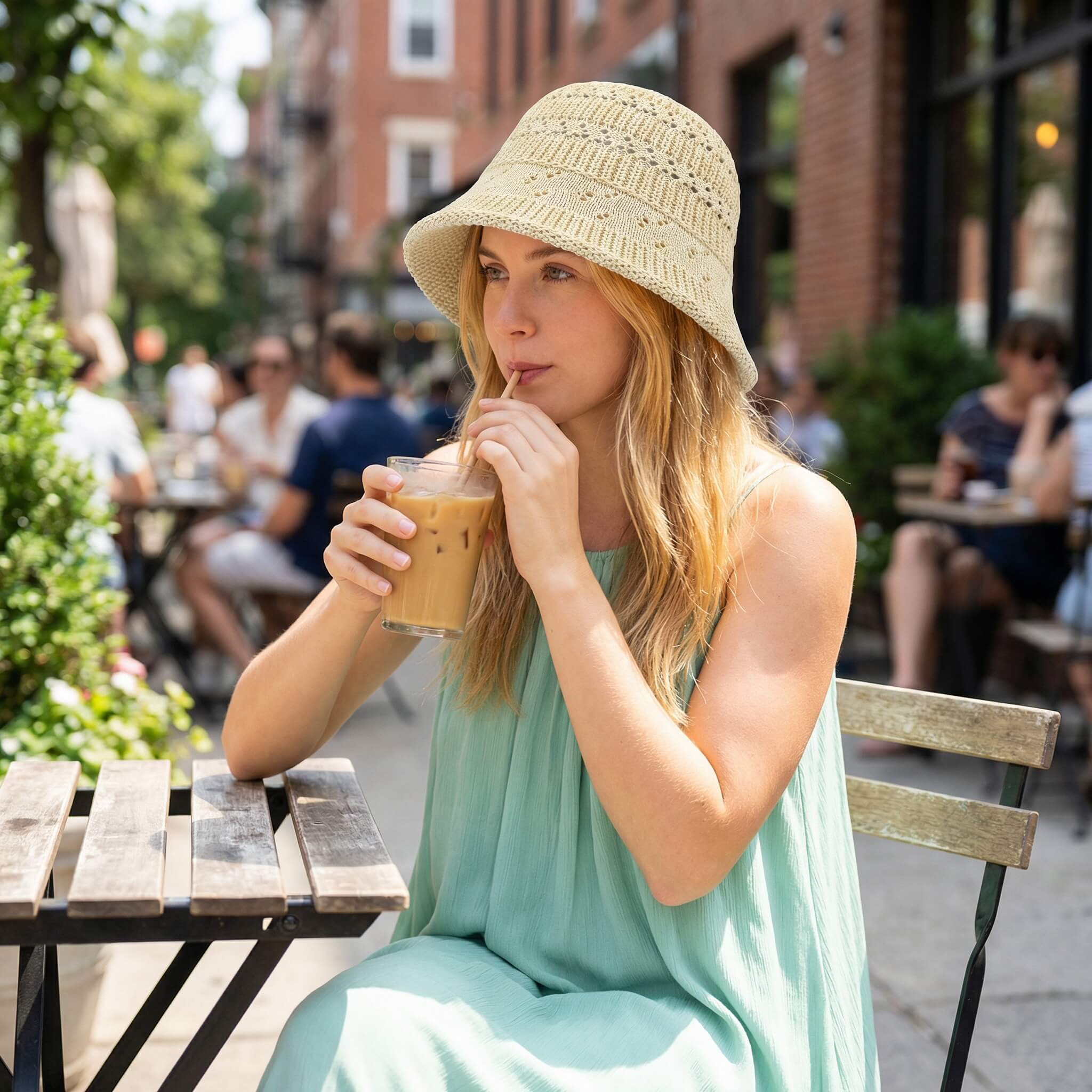Beige celebrity-inspired cutout bucket hat worn outdoors for summer sun protection