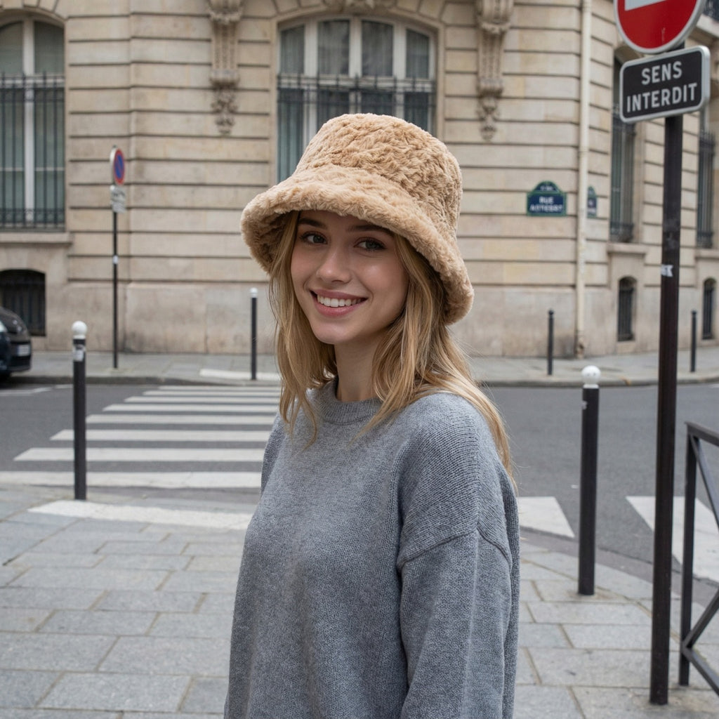 Plush Bucket Hat Warm Winter Beanie with Face Slimming Fit oversized