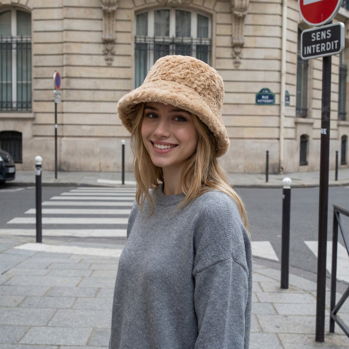 Plush Bucket Hat Warm Winter Beanie with Face Slimming Fit oversized