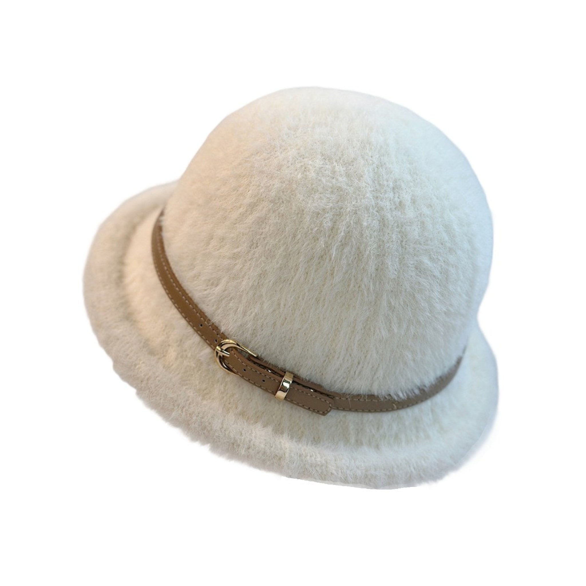 Cream white wool bucket hat with leather buttonl, minimalist British accessory