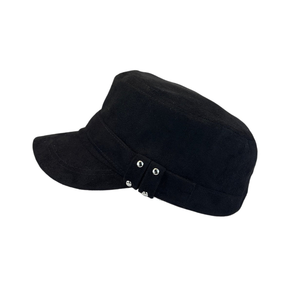 Black suede flat cap, classic equestrian style with metal stud details 