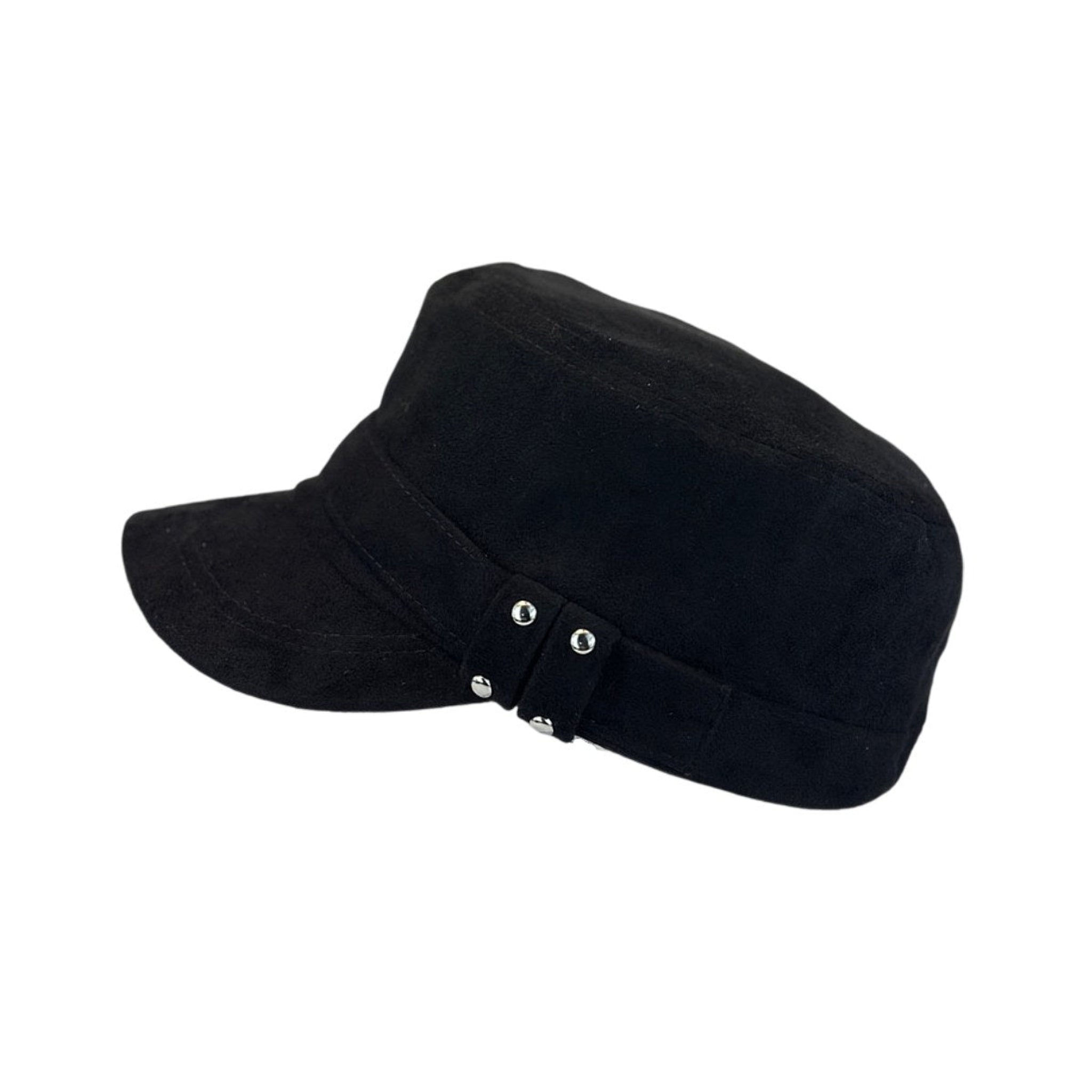 Black suede flat cap, classic equestrian style with metal stud details 
