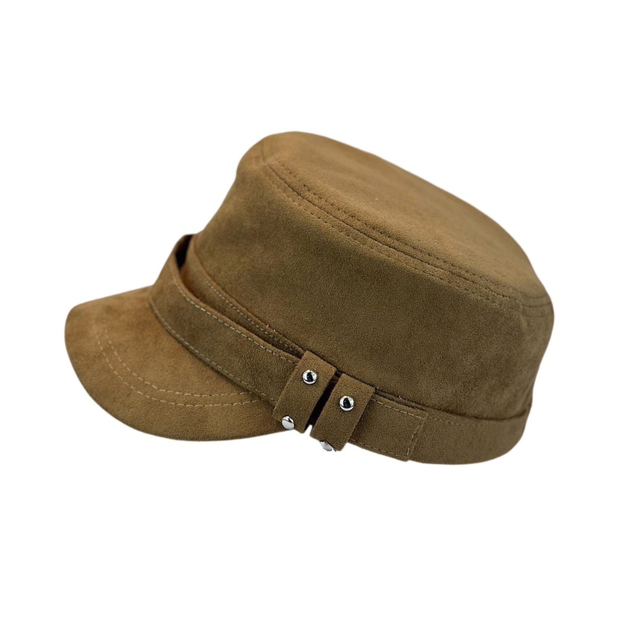 Camel suede flat cap, vintage riding hat with adjustable strap 
