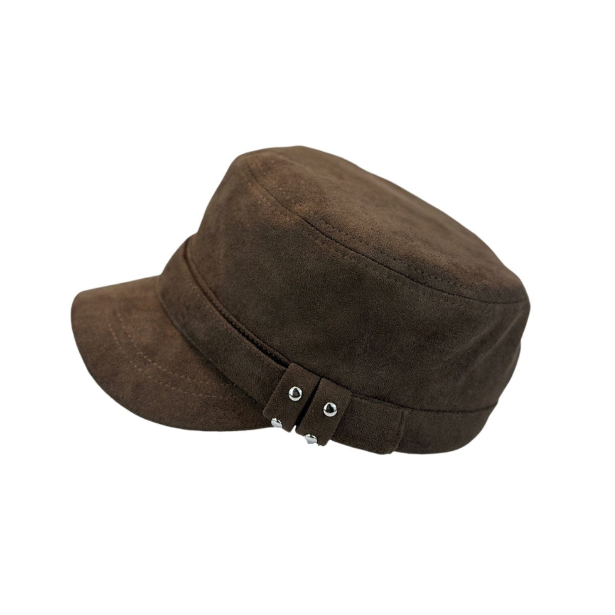 Women's brown suede flat cap, vintage equestrian riding hat with metal studs 
