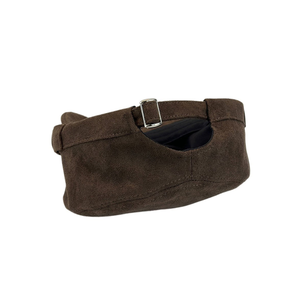 Back view of brown suede flat cap, showing adjustable back strap 