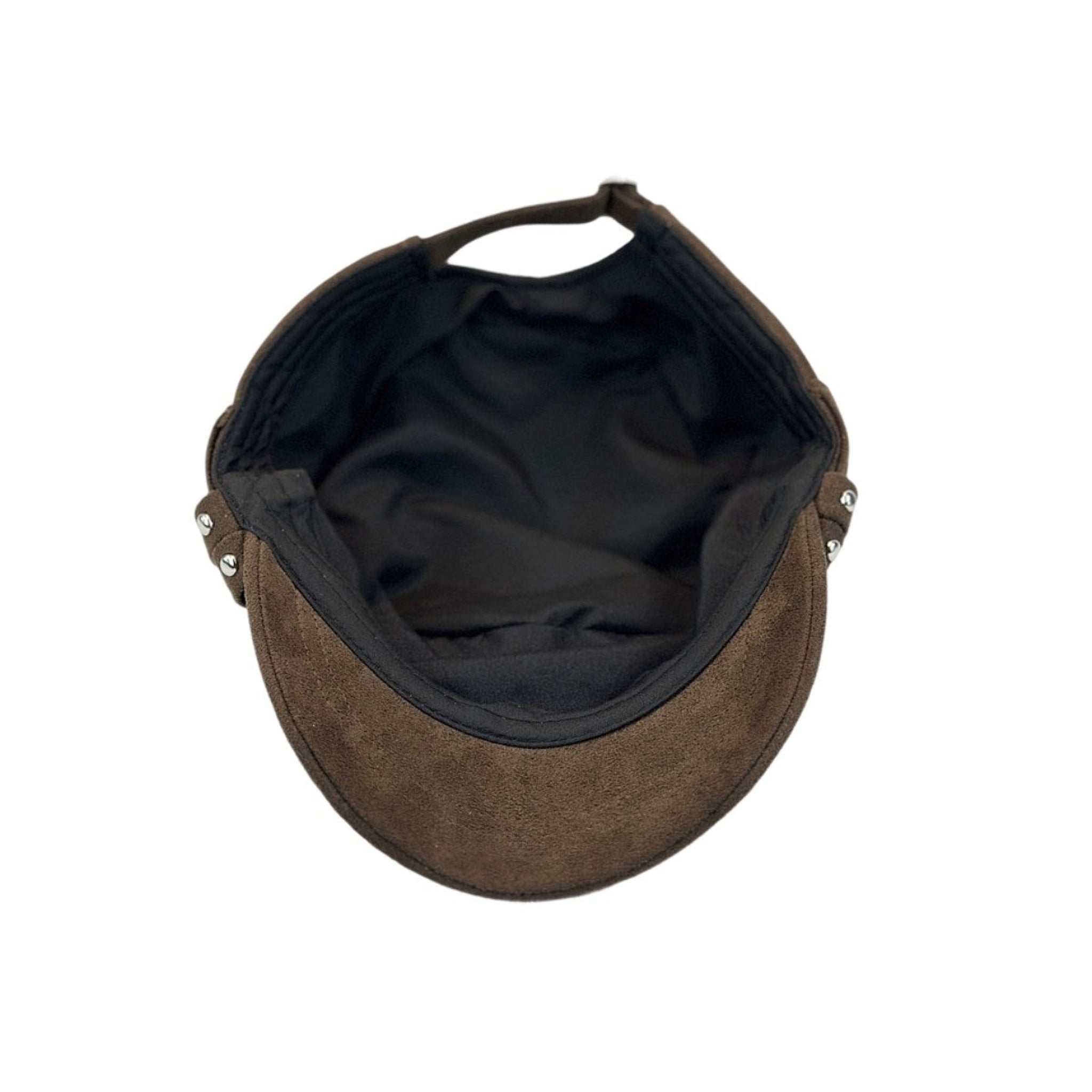 Interior view of brown suede flat cap, soft lining for all-day comfort 