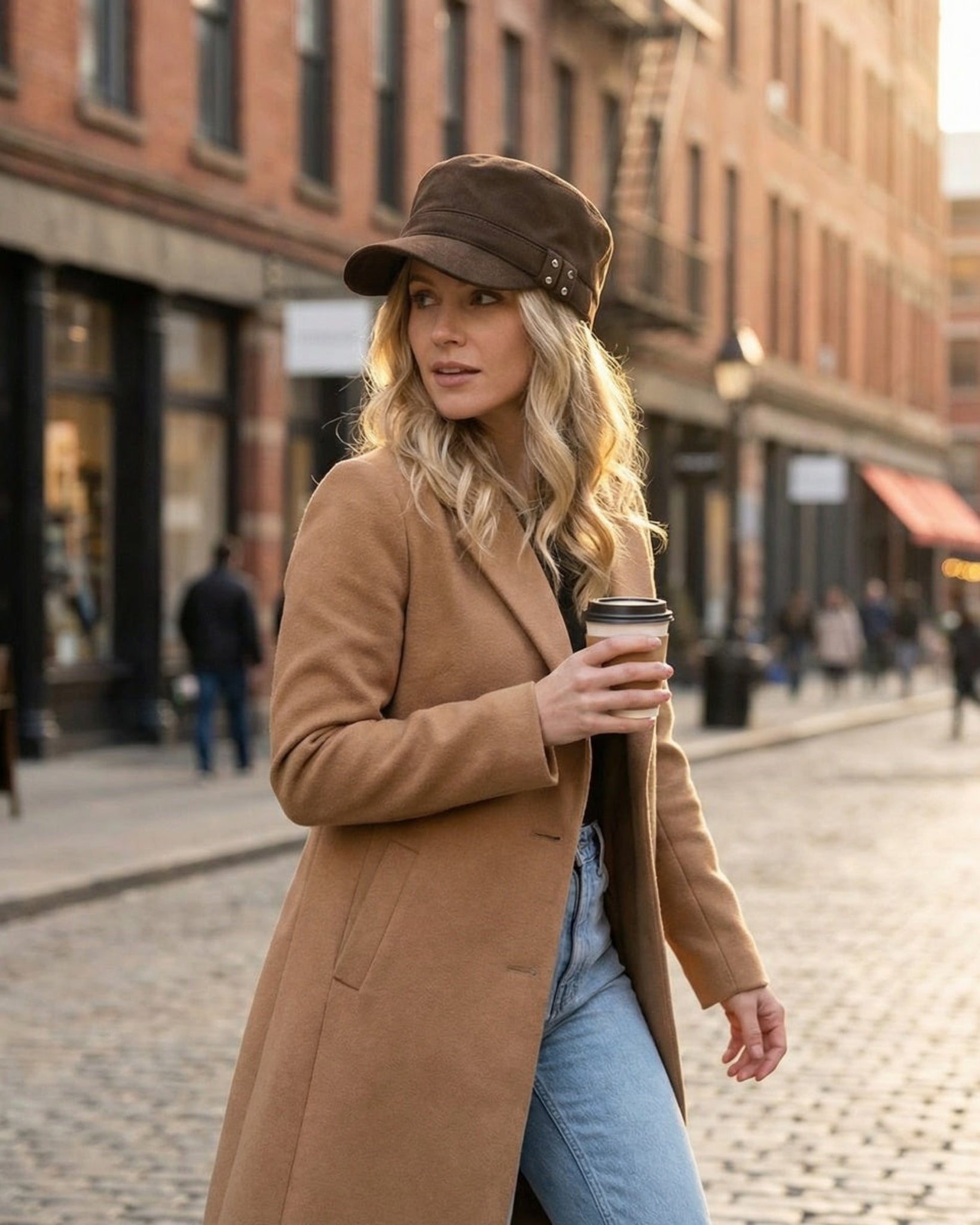 Woman wearing brown suede flat cap with camel coat on a city street