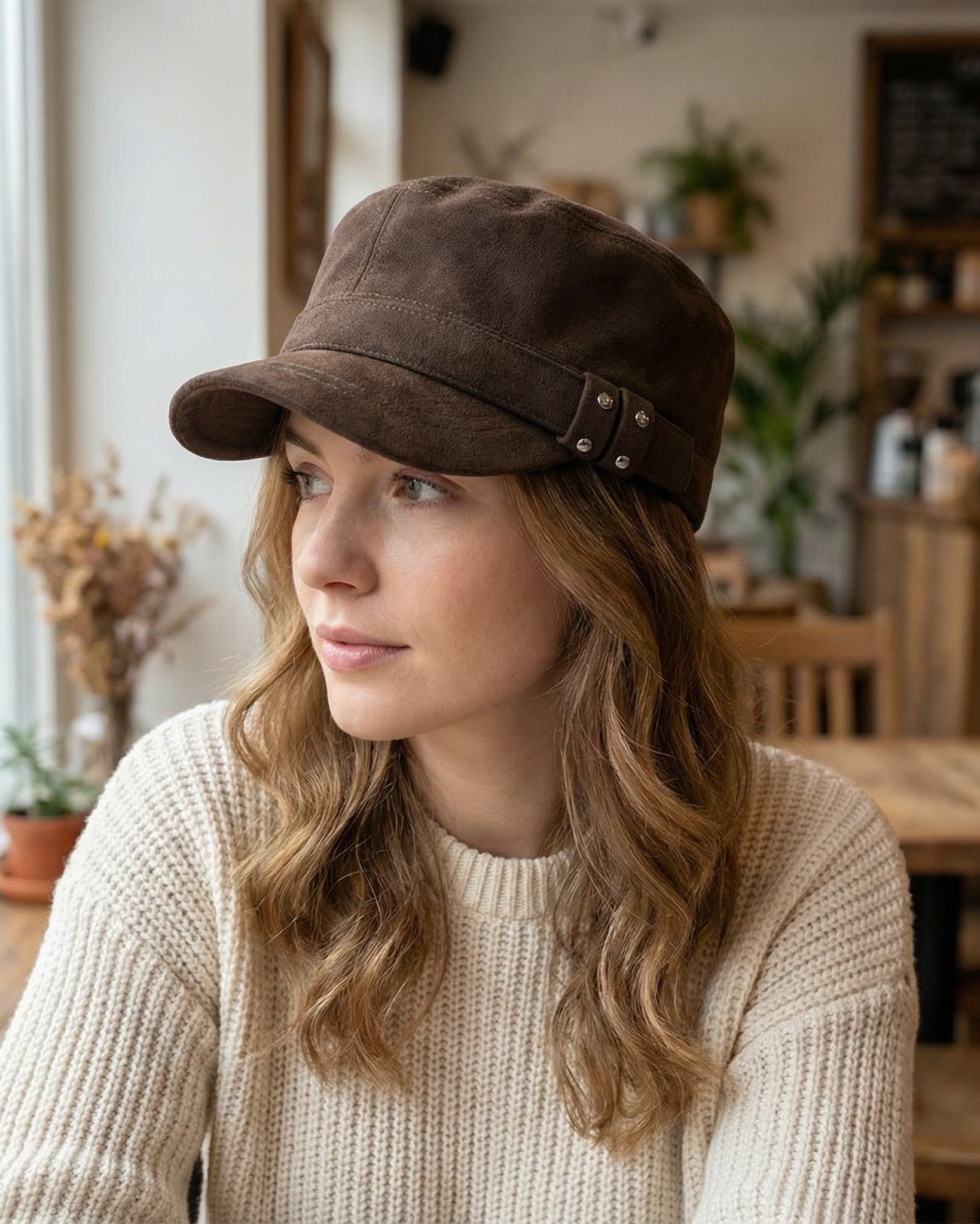 Woman wearing brown suede flat cap with a light sweater, casual winter style 