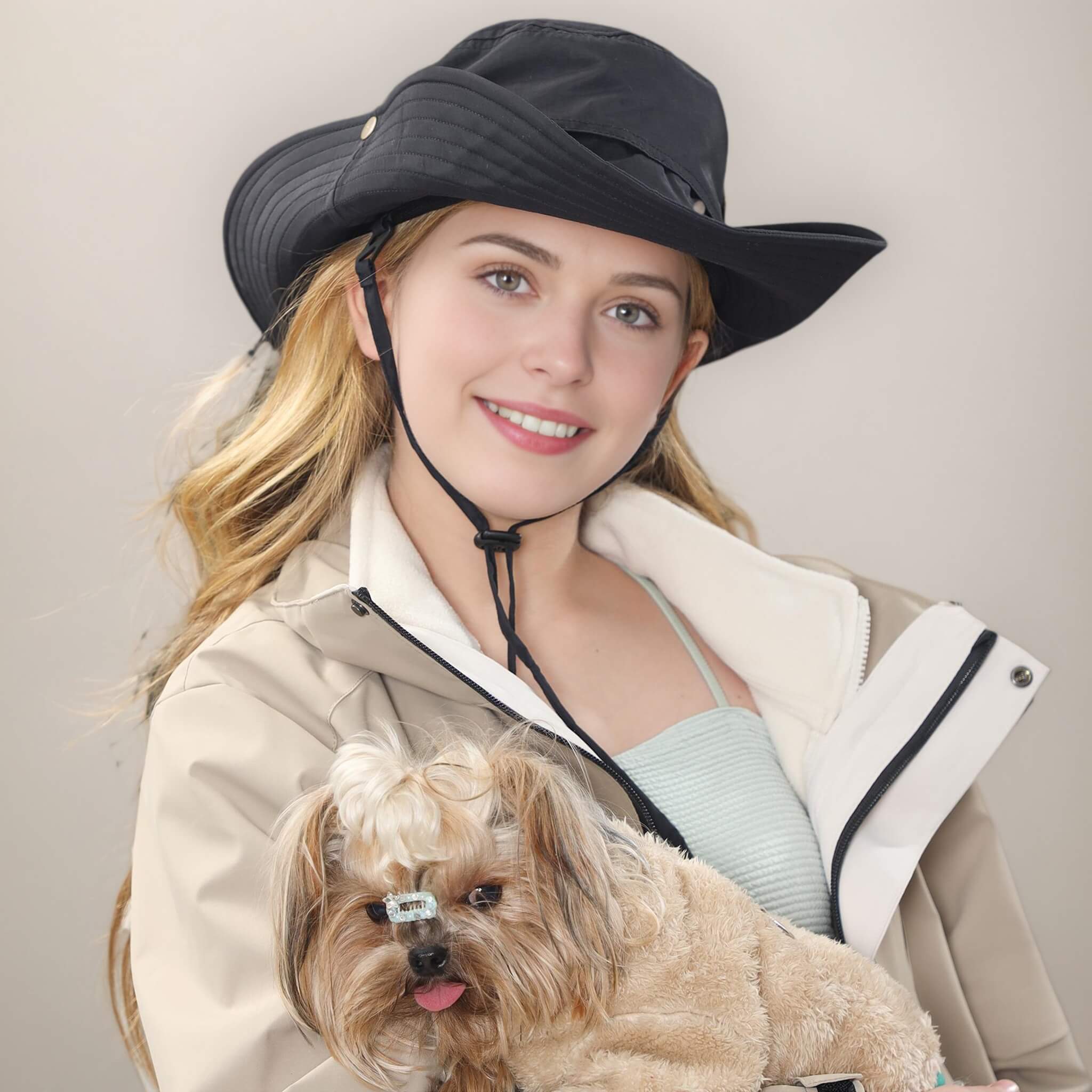 Sun bucket hat for big heads with wide brim white color water resistant